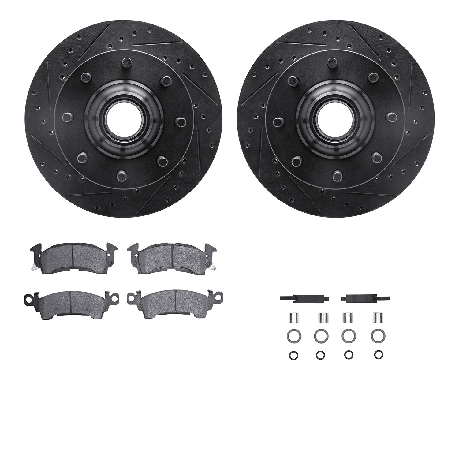 8312-48002 Drilled/Slotted Brake Rotors with 3000-Series Ceramic Brake Pads Kit & Hardware [Black], 1971-1989 GM, Position: Fron