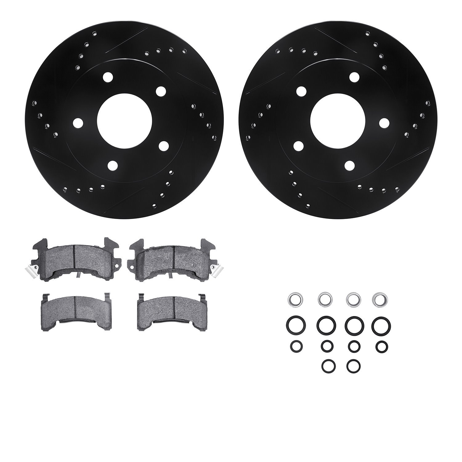 8312-48016 Drilled/Slotted Brake Rotors with 3000-Series Ceramic Brake Pads Kit & Hardware [Black], 1979-1985 GM, Position: Rear