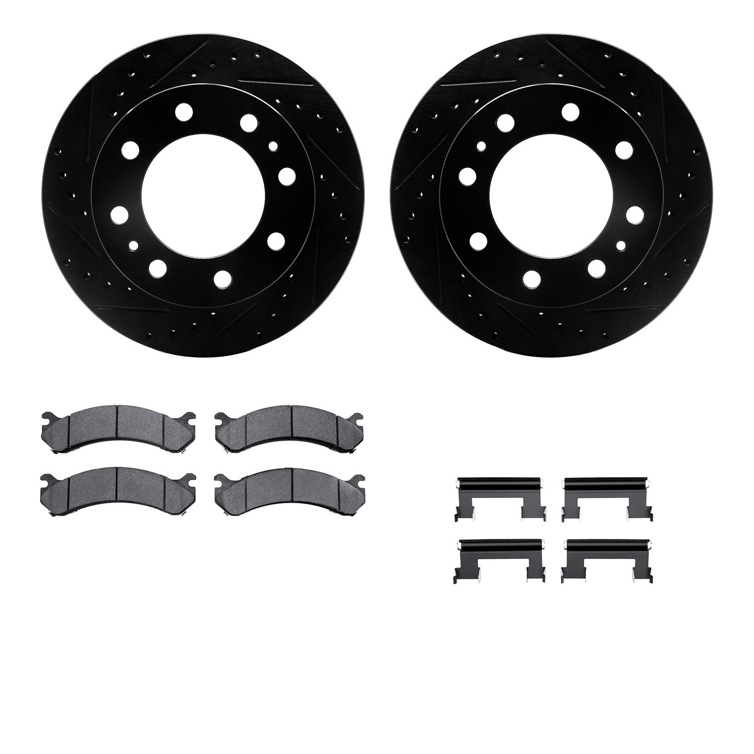 8312-48037 Drilled/Slotted Brake Rotors with 3000-Series Ceramic Brake Pads Kit & Hardware [Black], 2001-2020 GM, Position: Fron