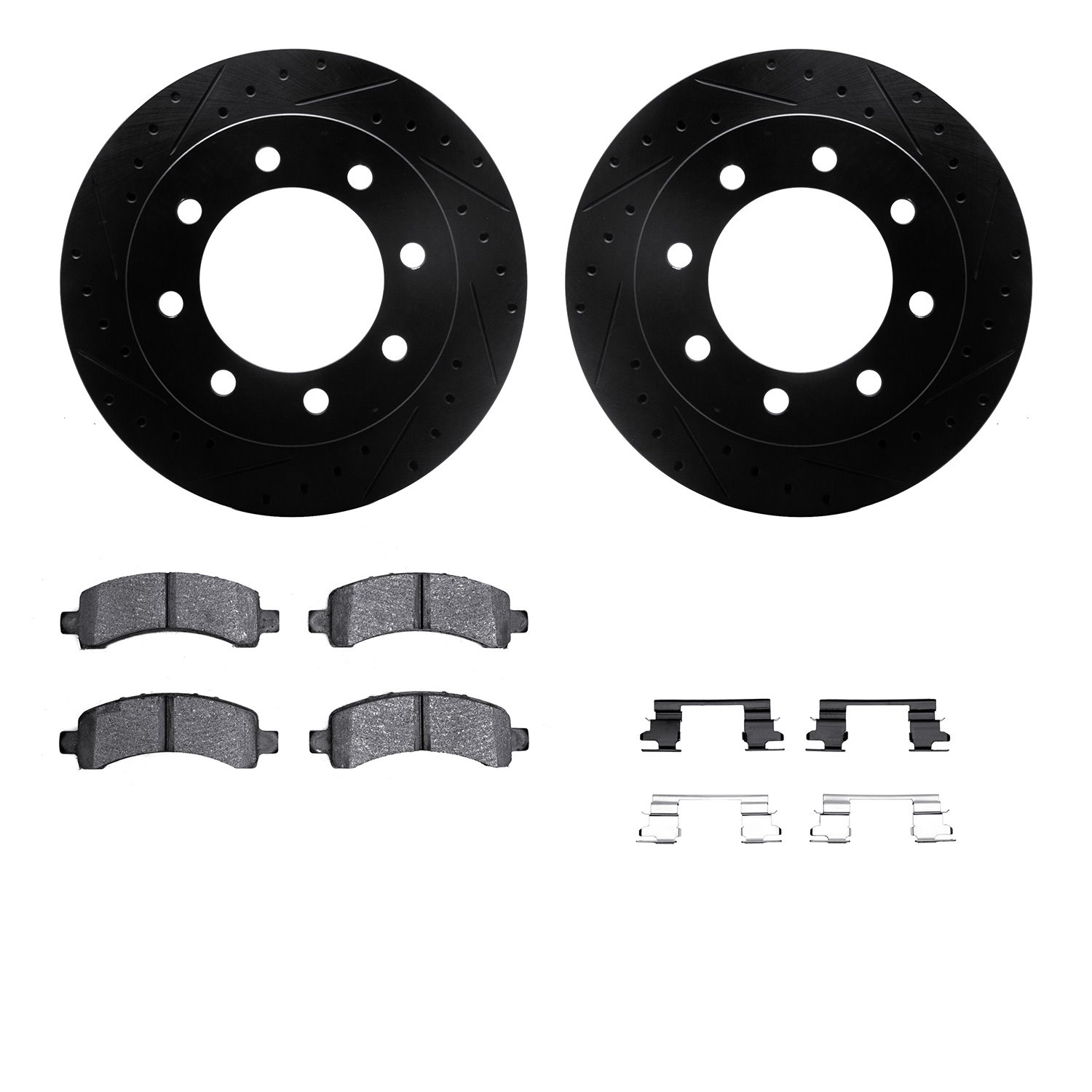 8312-48052 Drilled/Slotted Brake Rotors with 3000-Series Ceramic Brake Pads Kit & Hardware [Black], 2003-2020 GM, Position: Rear