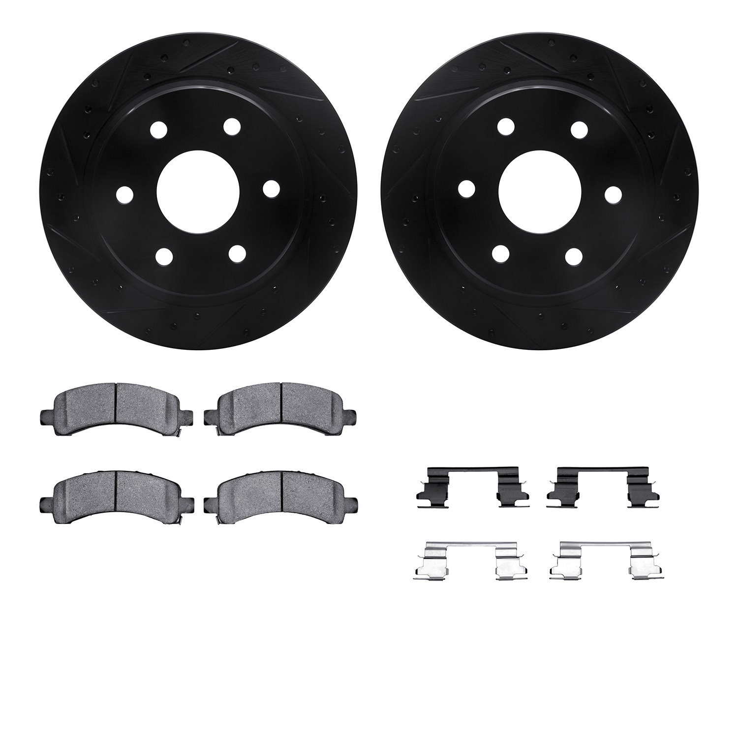 8312-48054 Drilled/Slotted Brake Rotors with 3000-Series Ceramic Brake Pads Kit & Hardware [Black], 2002-2014 GM, Position: Rear