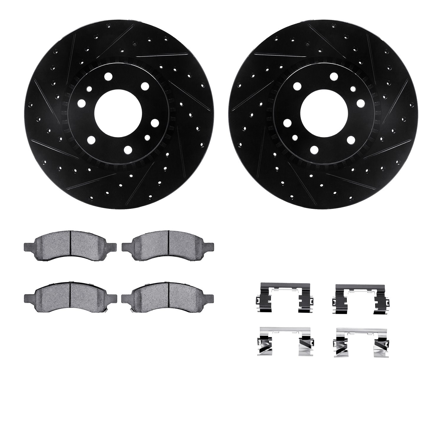 8312-48058 Drilled/Slotted Brake Rotors with 3000-Series Ceramic Brake Pads Kit & Hardware [Black], 2006-2009 GM, Position: Fron