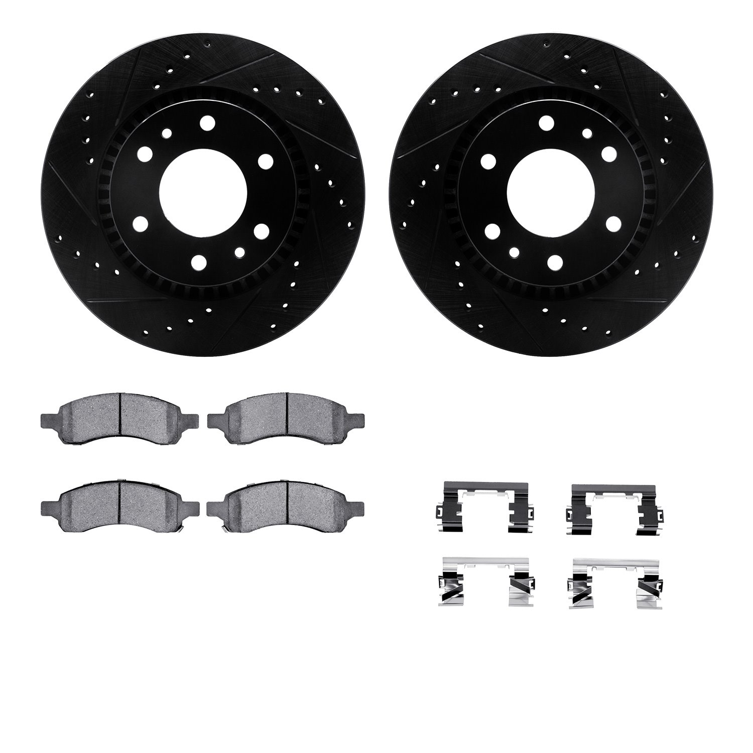 8312-48059 Drilled/Slotted Brake Rotors with 3000-Series Ceramic Brake Pads Kit & Hardware [Black], 2006-2009 GM, Position: Fron