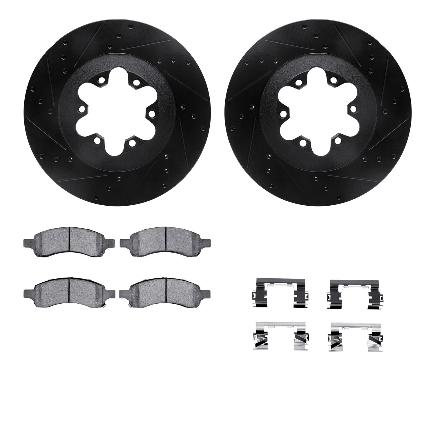 8312-48060 Drilled/Slotted Brake Rotors with 3000-Series Ceramic Brake Pads Kit & Hardware [Black], 2009-2012 GM, Position: Fron