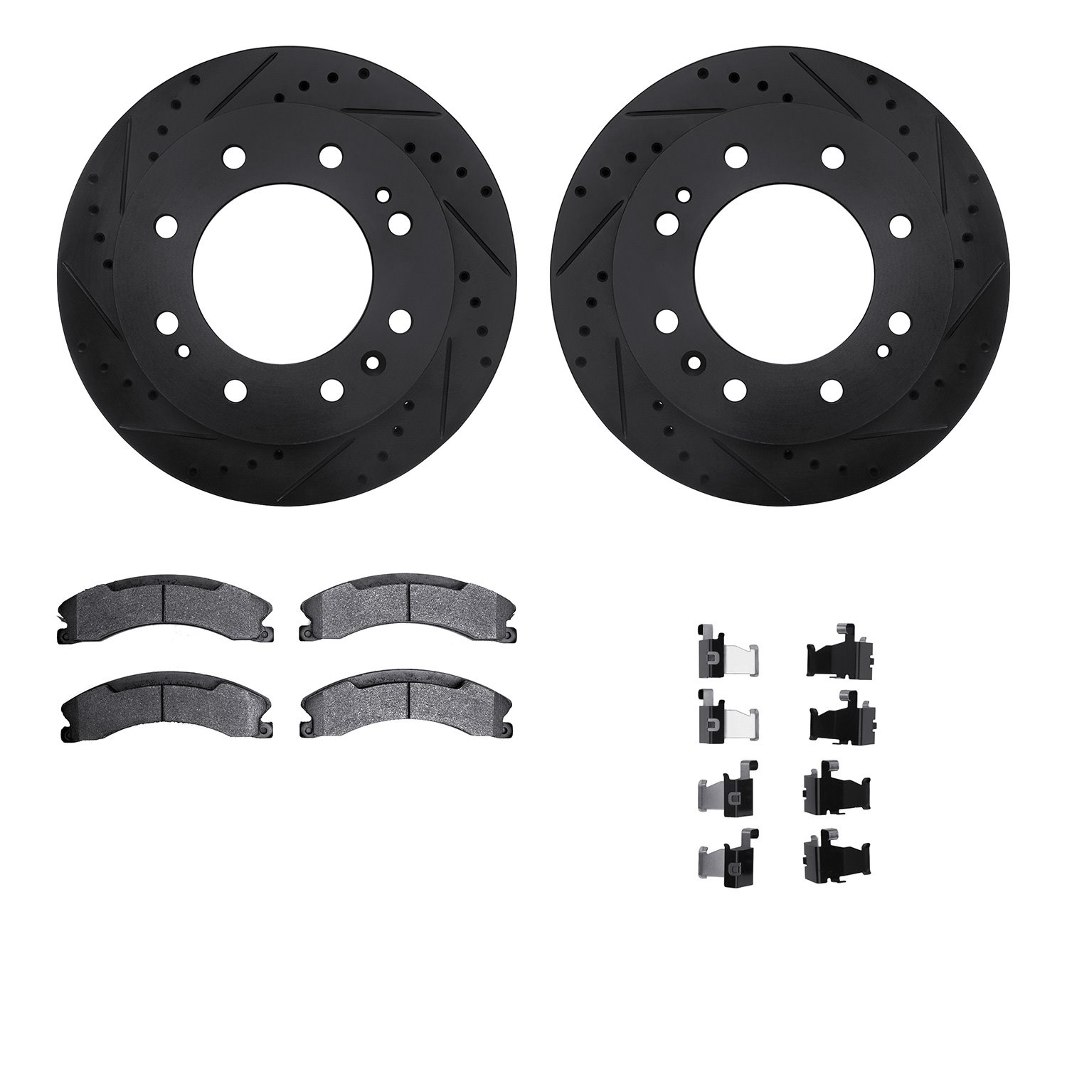 8312-48068 Drilled/Slotted Brake Rotors with 3000-Series Ceramic Brake Pads Kit & Hardware [Black], 2011-2019 GM, Position: Fron