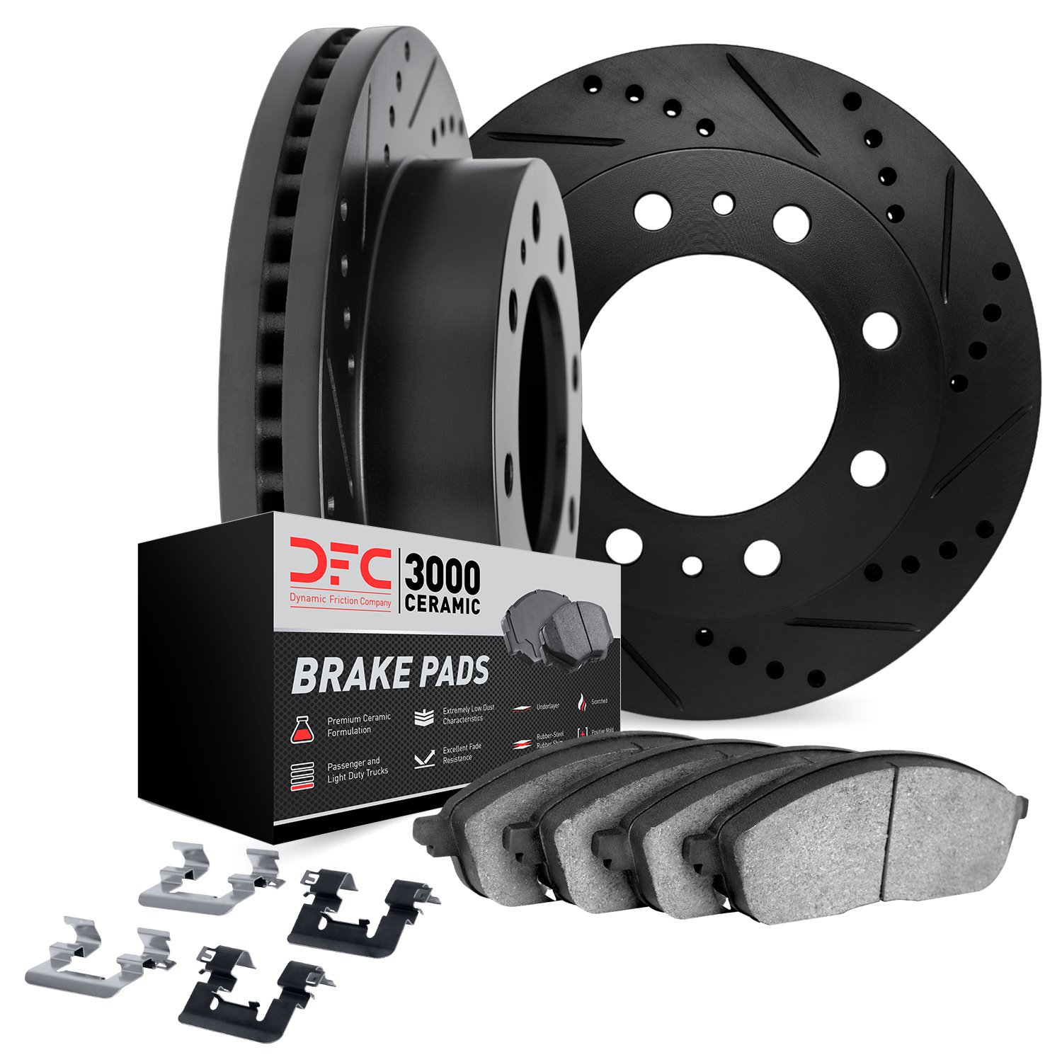 8312-48069 Drilled/Slotted Brake Rotors with 3000-Series Ceramic Brake Pads Kit & Hardware [Black], 2011-2019 GM, Position: Rear