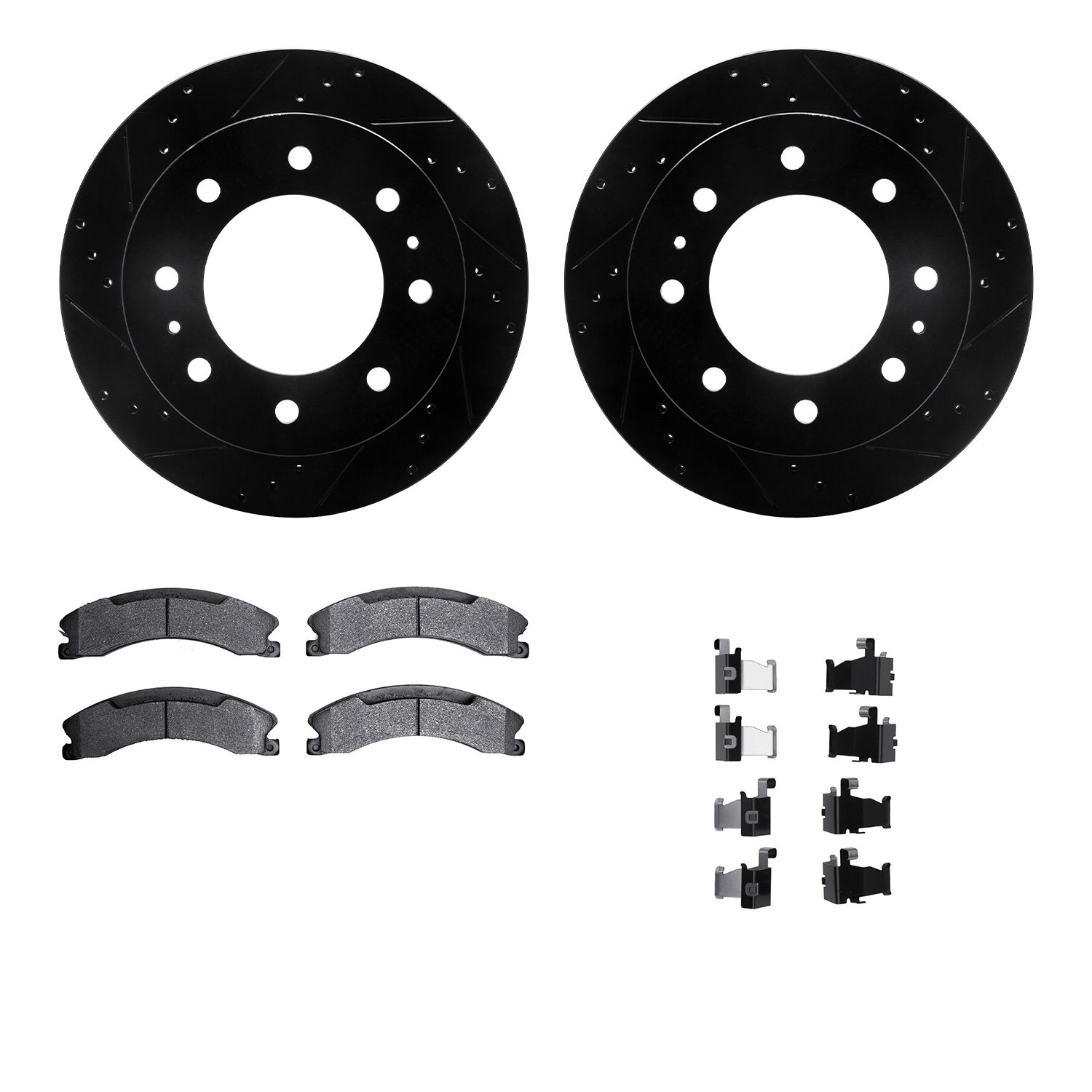 8312-48070 Drilled/Slotted Brake Rotors with 3000-Series Ceramic Brake Pads Kit & Hardware [Black], 2011-2019 GM, Position: Rear