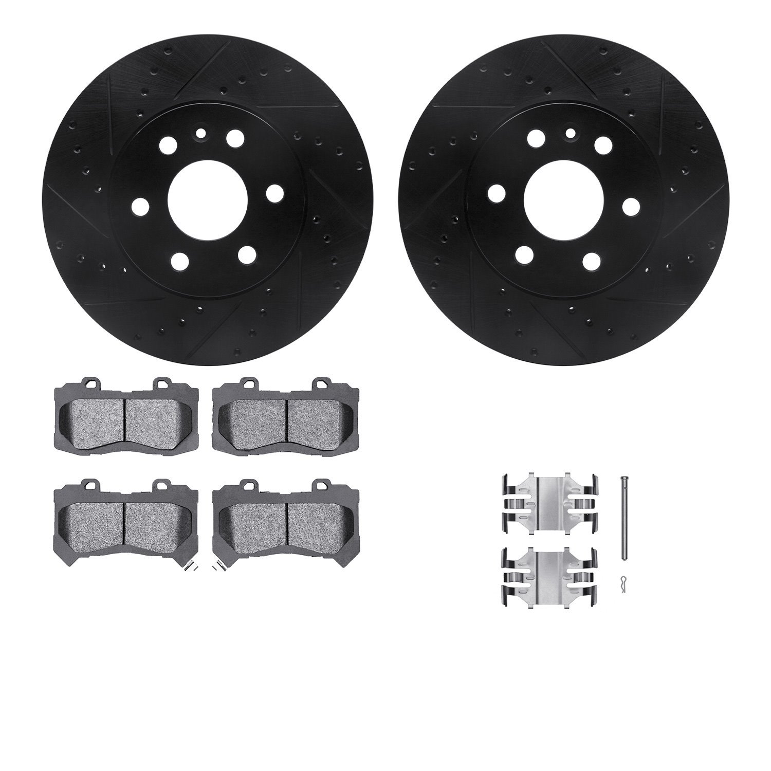 8312-48071 Drilled/Slotted Brake Rotors with 3000-Series Ceramic Brake Pads Kit & Hardware [Black], 2015-2020 GM, Position: Fron