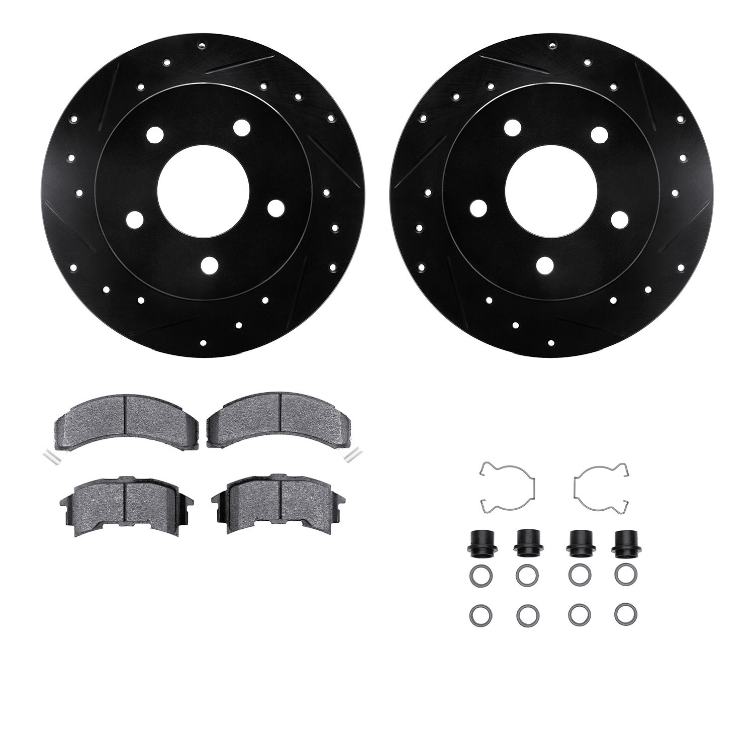 8312-52003 Drilled/Slotted Brake Rotors with 3000-Series Ceramic Brake Pads Kit & Hardware [Black], 1984-1988 GM, Position: Rear