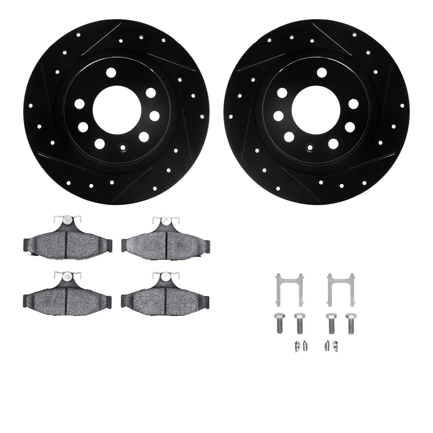 8312-52006 Drilled/Slotted Brake Rotors with 3000-Series Ceramic Brake Pads Kit & Hardware [Black], 1985-1992 GM, Position: Rear