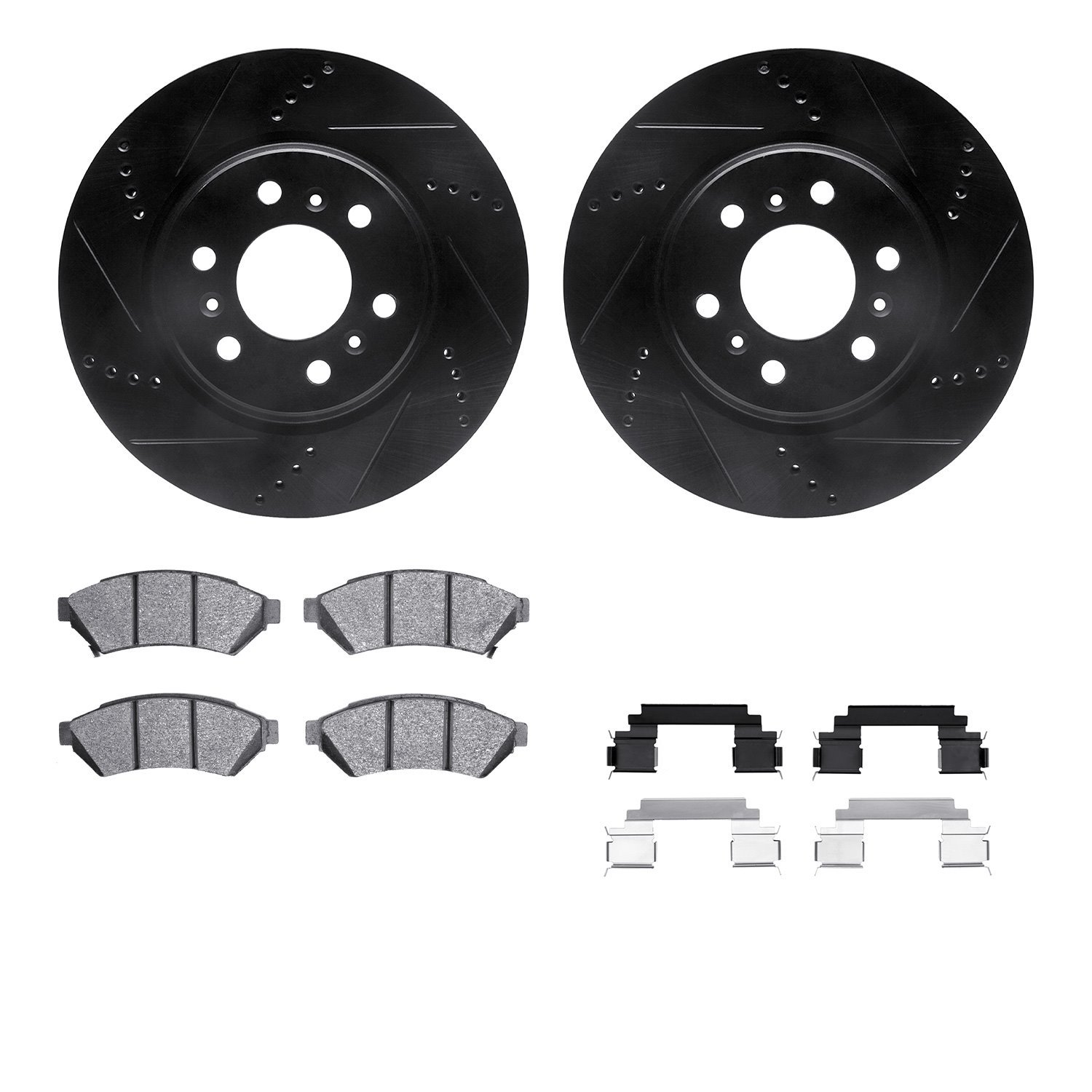 8312-52016 Drilled/Slotted Brake Rotors with 3000-Series Ceramic Brake Pads Kit & Hardware [Black], 2006-2009 GM, Position: Fron