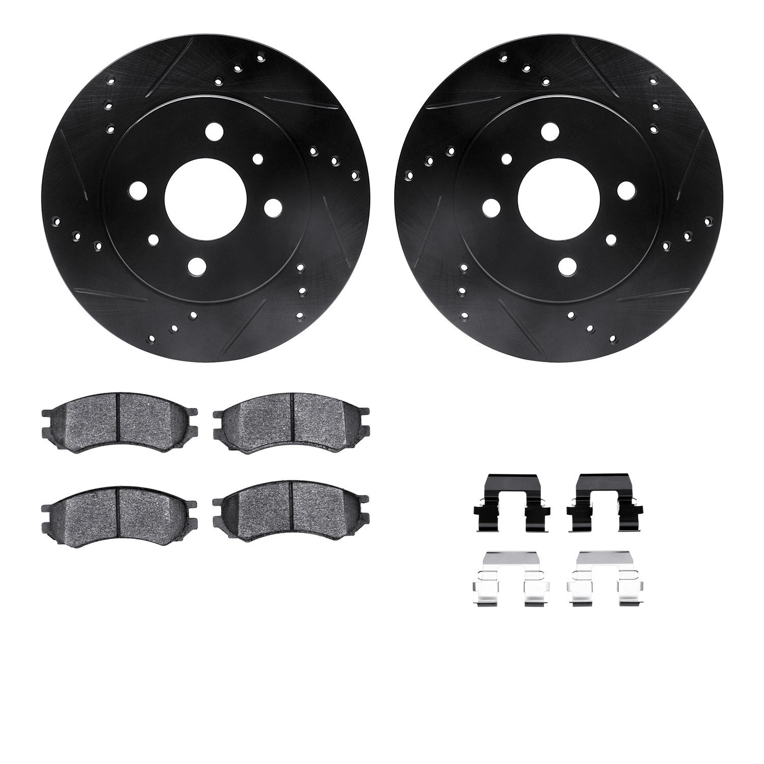 8312-53001 Drilled/Slotted Brake Rotors with 3000-Series Ceramic Brake Pads Kit & Hardware [Black], 1991-2002 GM, Position: Fron