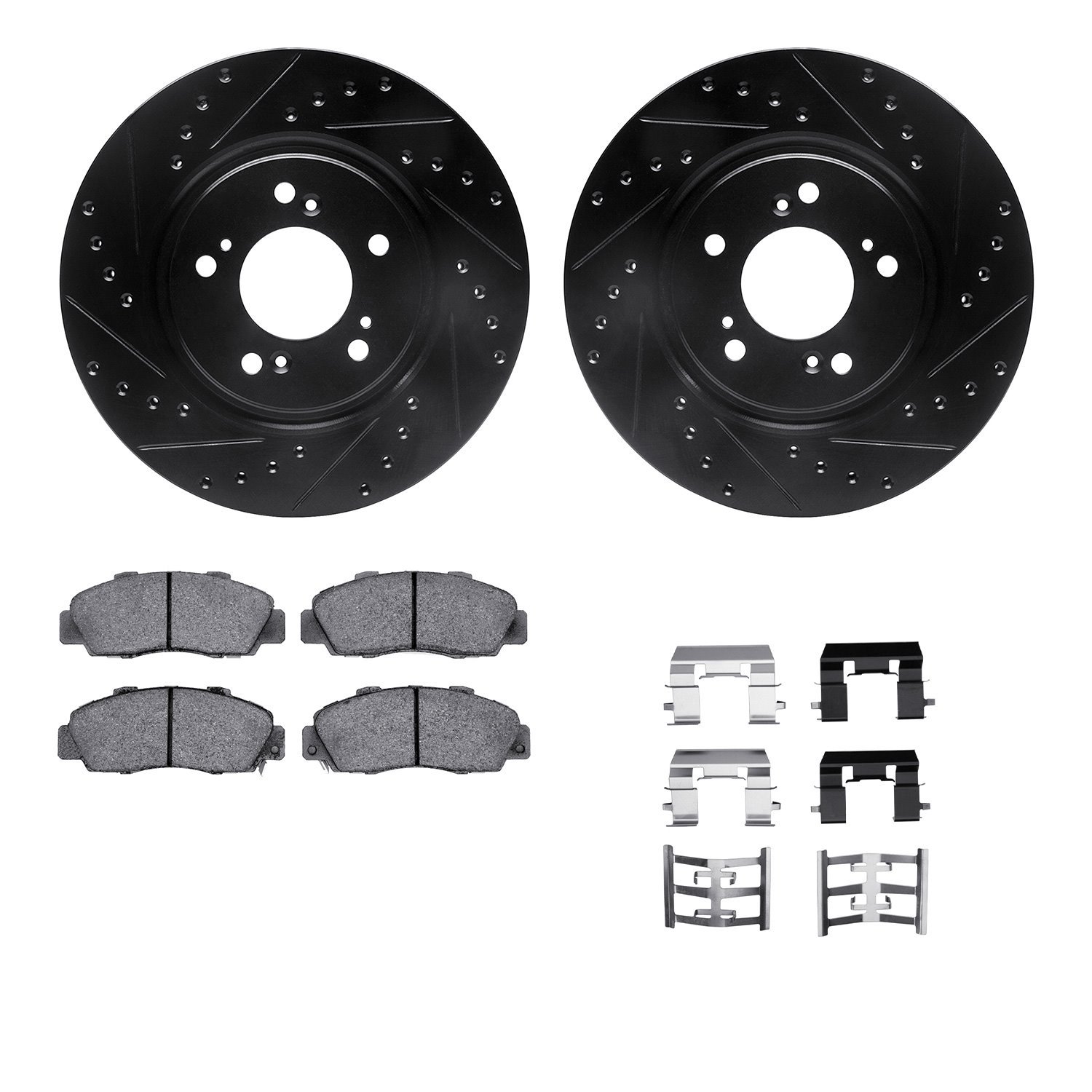 8312-58006 Drilled/Slotted Brake Rotors with 3000-Series Ceramic Brake Pads Kit & Hardware [Black], 1997-2005 Acura/Honda, Posit