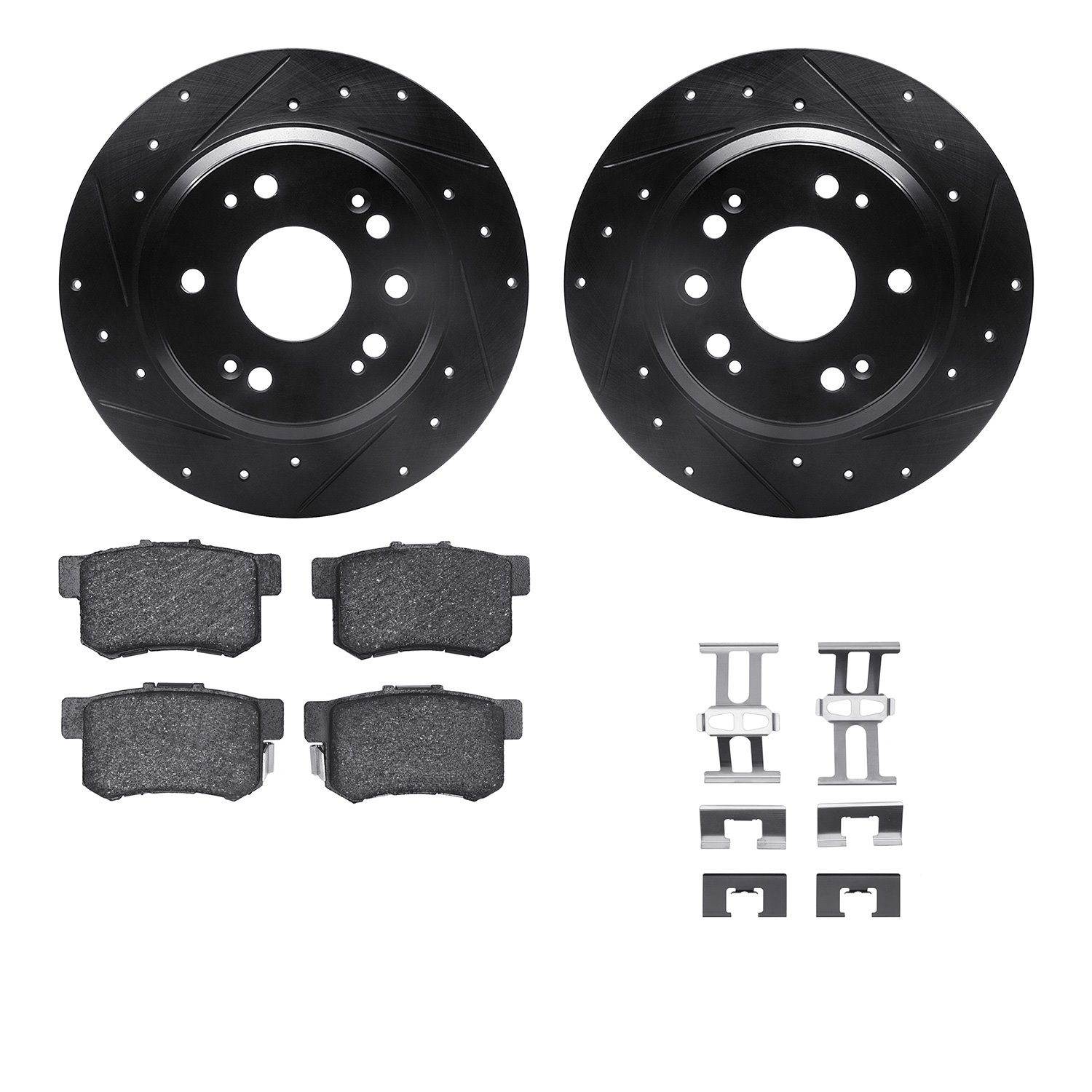 8312-58014 Drilled/Slotted Brake Rotors with 3000-Series Ceramic Brake Pads Kit & Hardware [Black], 2002-2004 Acura/Honda, Posit