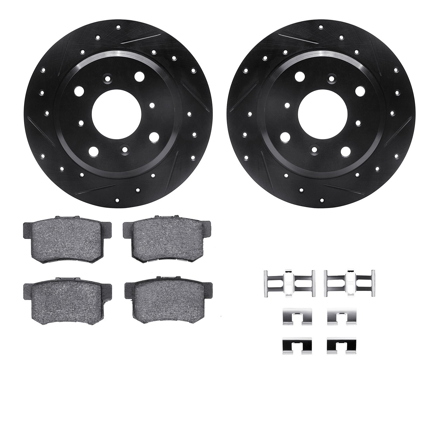 8312-58015 Drilled/Slotted Brake Rotors with 3000-Series Ceramic Brake Pads Kit & Hardware [Black], 1987-1990 Acura/Honda, Posit