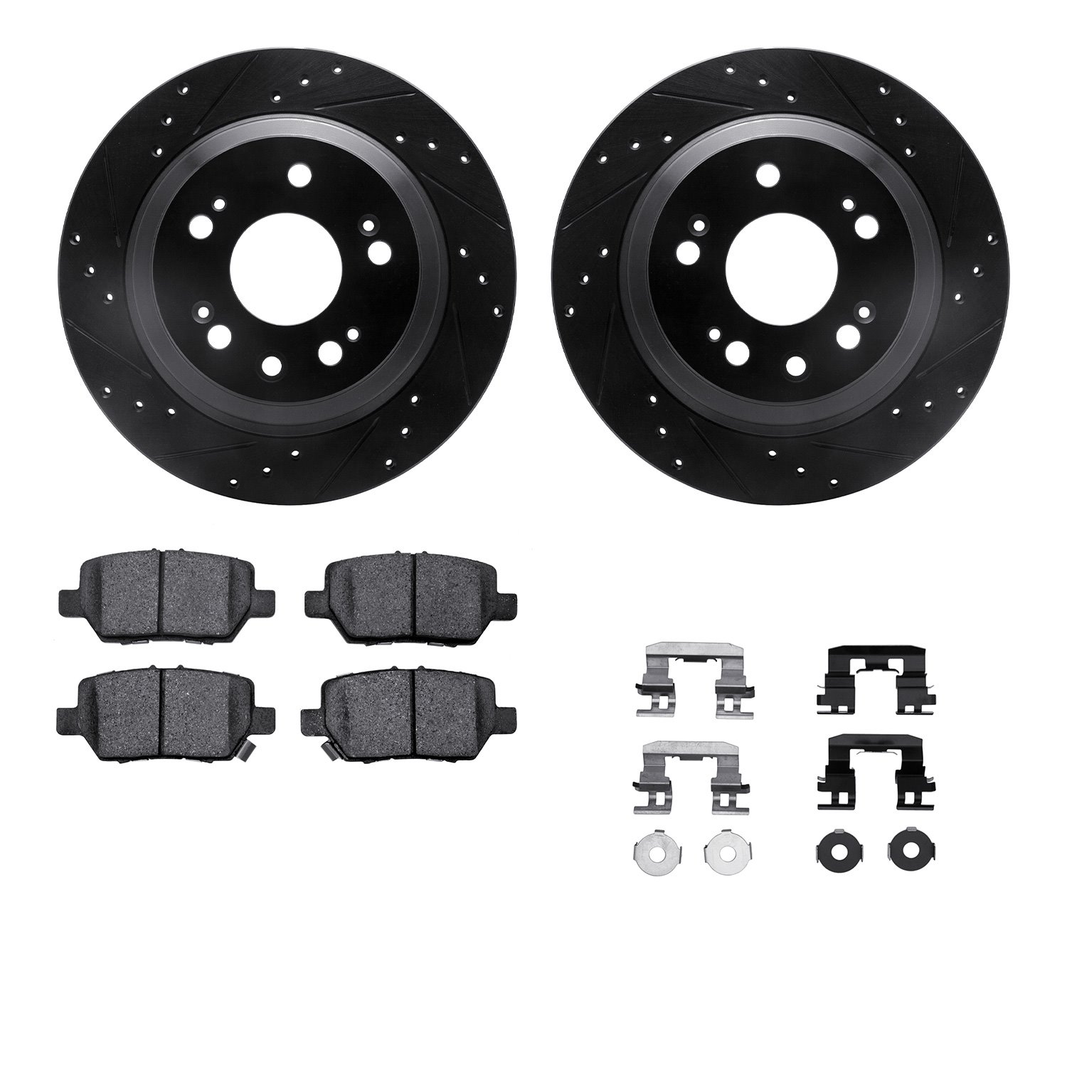 8312-58020 Drilled/Slotted Brake Rotors with 3000-Series Ceramic Brake Pads Kit & Hardware [Black], 2005-2012 Acura/Honda, Posit