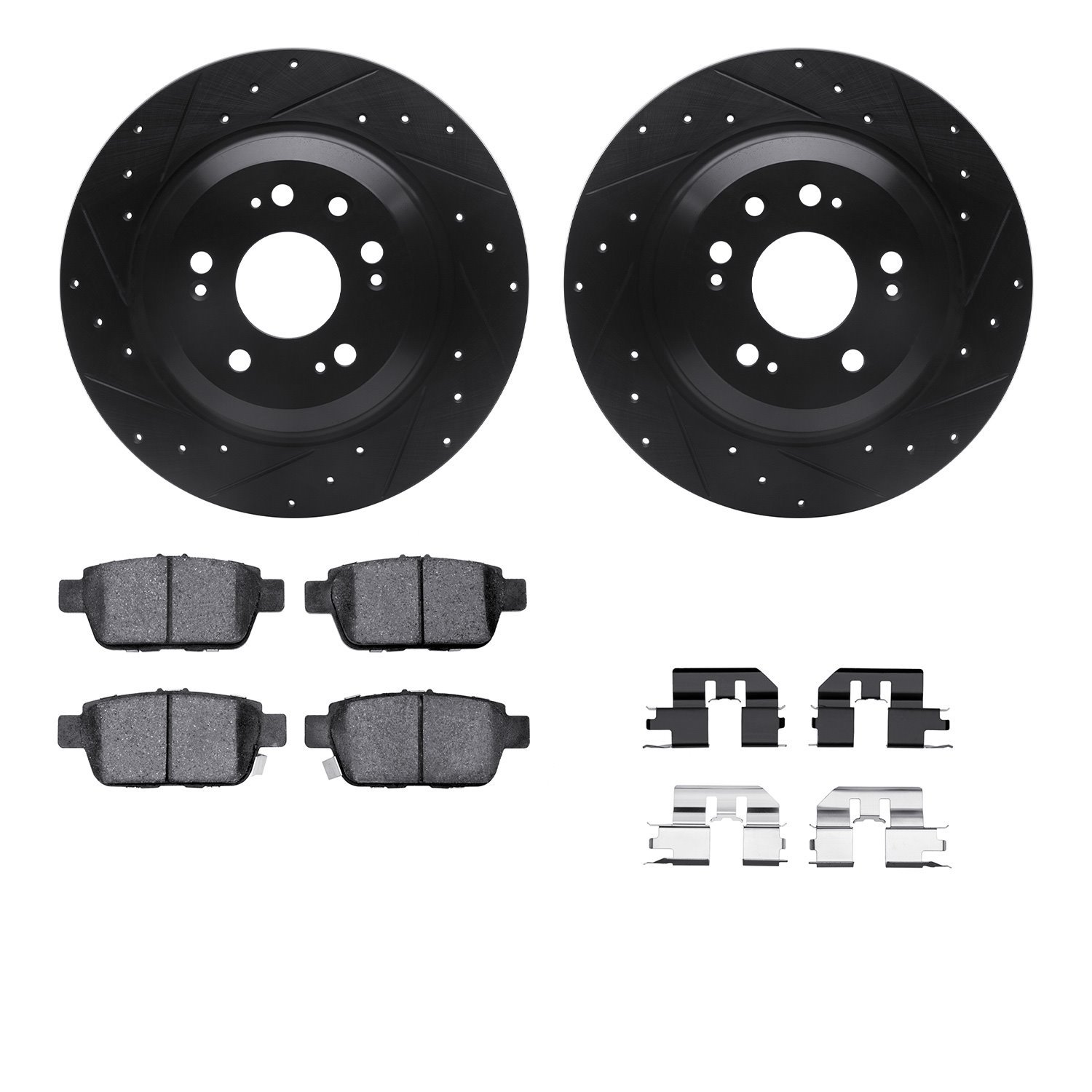 8312-58022 Drilled/Slotted Brake Rotors with 3000-Series Ceramic Brake Pads Kit & Hardware [Black], 2009-2014 Acura/Honda, Posit