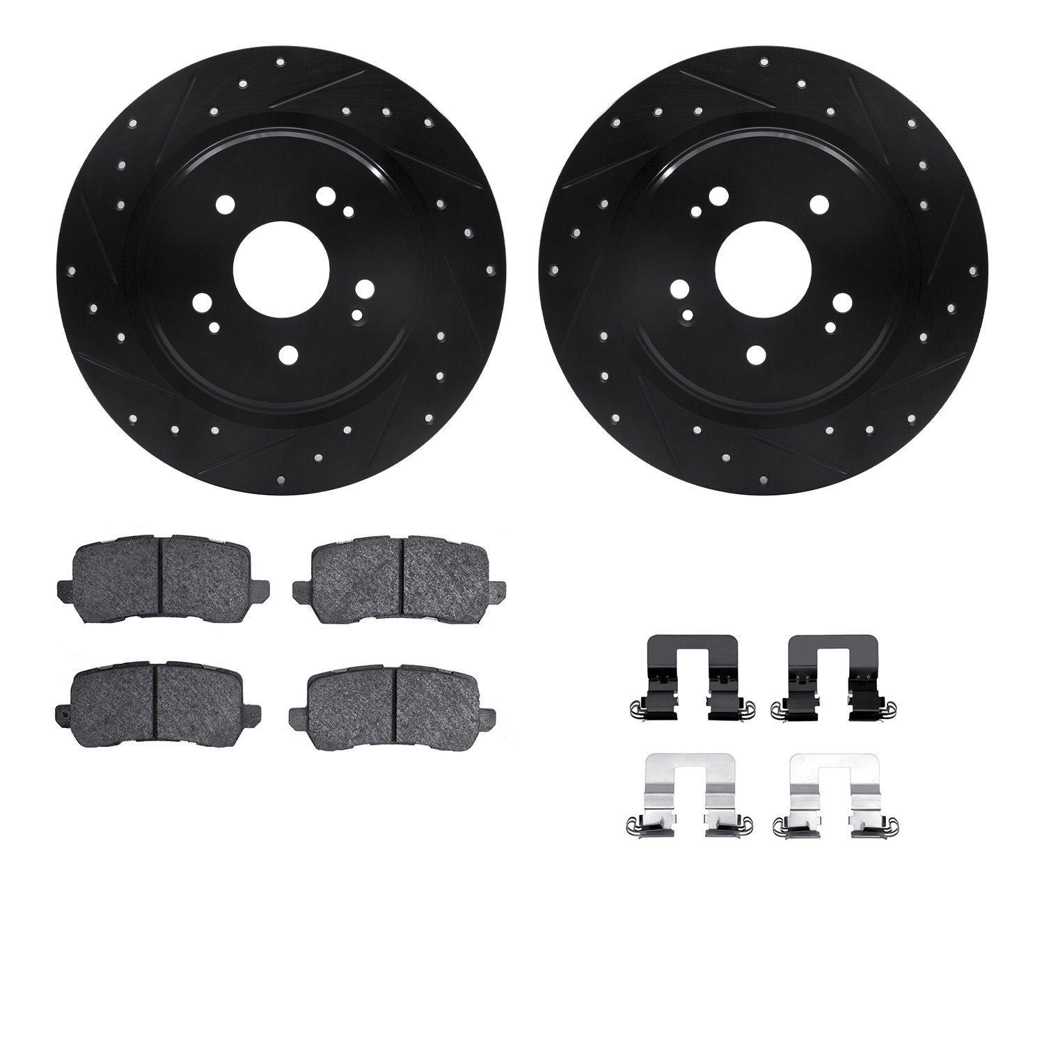 8312-58029 Drilled/Slotted Brake Rotors with 3000-Series Ceramic Brake Pads Kit & Hardware [Black], 2015-2020 Acura/Honda, Posit