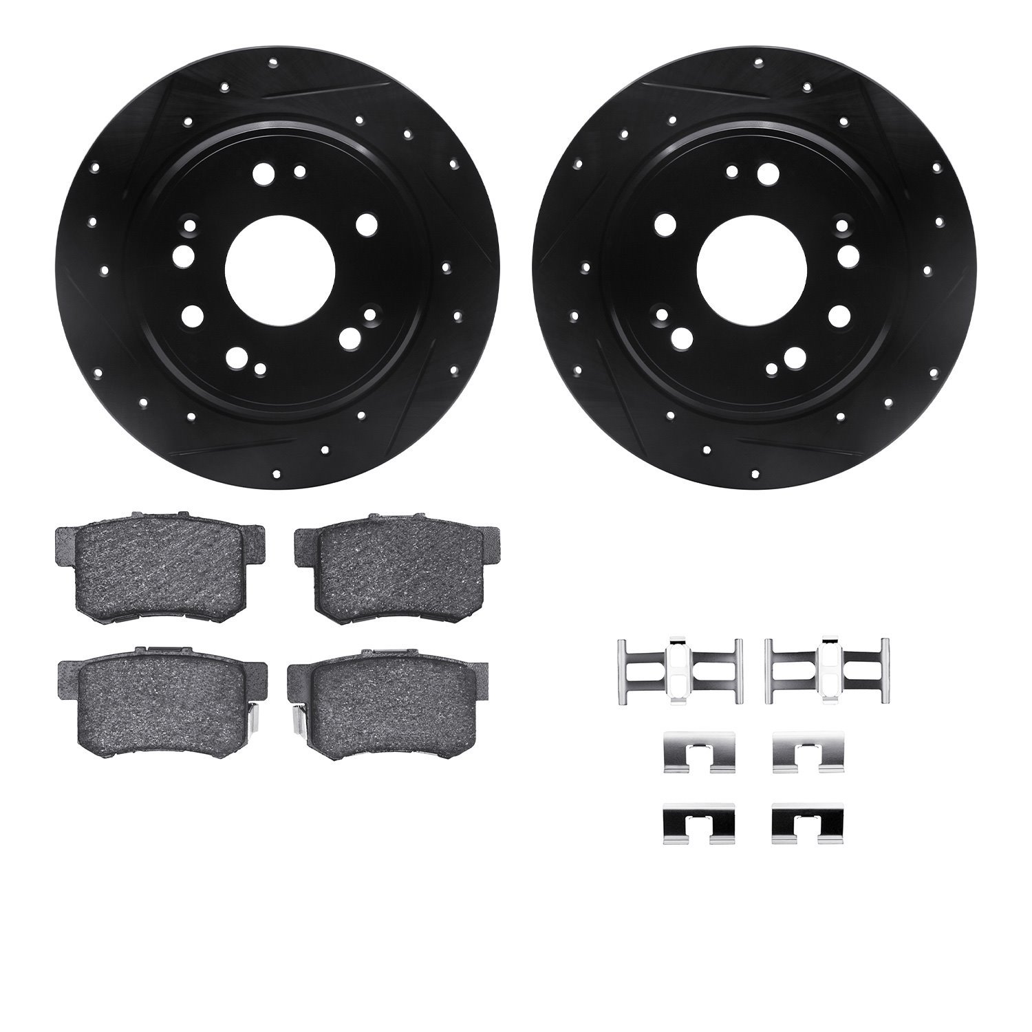 8312-59040 Drilled/Slotted Brake Rotors with 3000-Series Ceramic Brake Pads Kit & Hardware [Black], 2002-2004 Acura/Honda, Posit