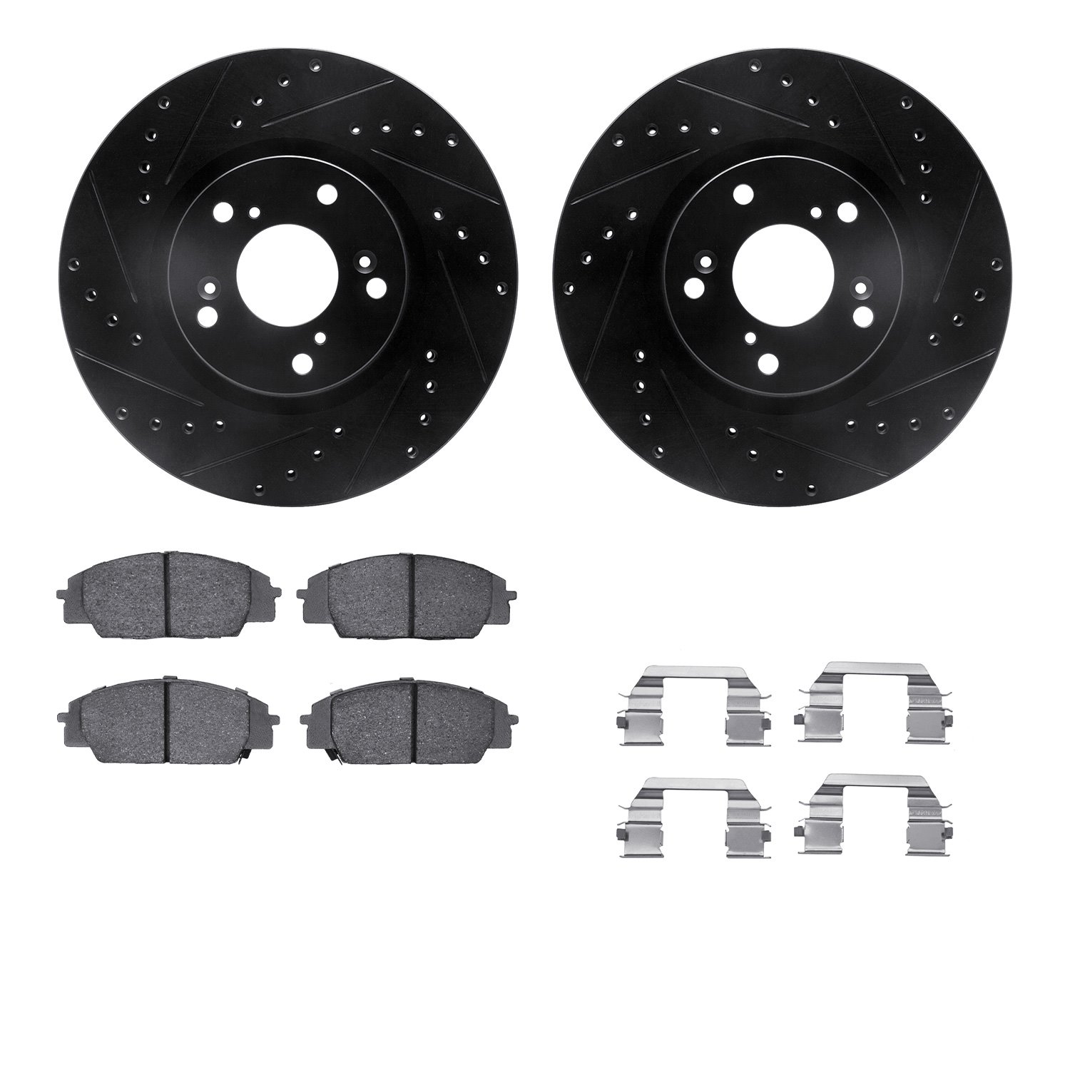 8312-59060 Drilled/Slotted Brake Rotors with 3000-Series Ceramic Brake Pads Kit & Hardware [Black], 2002-2011 Acura/Honda, Posit