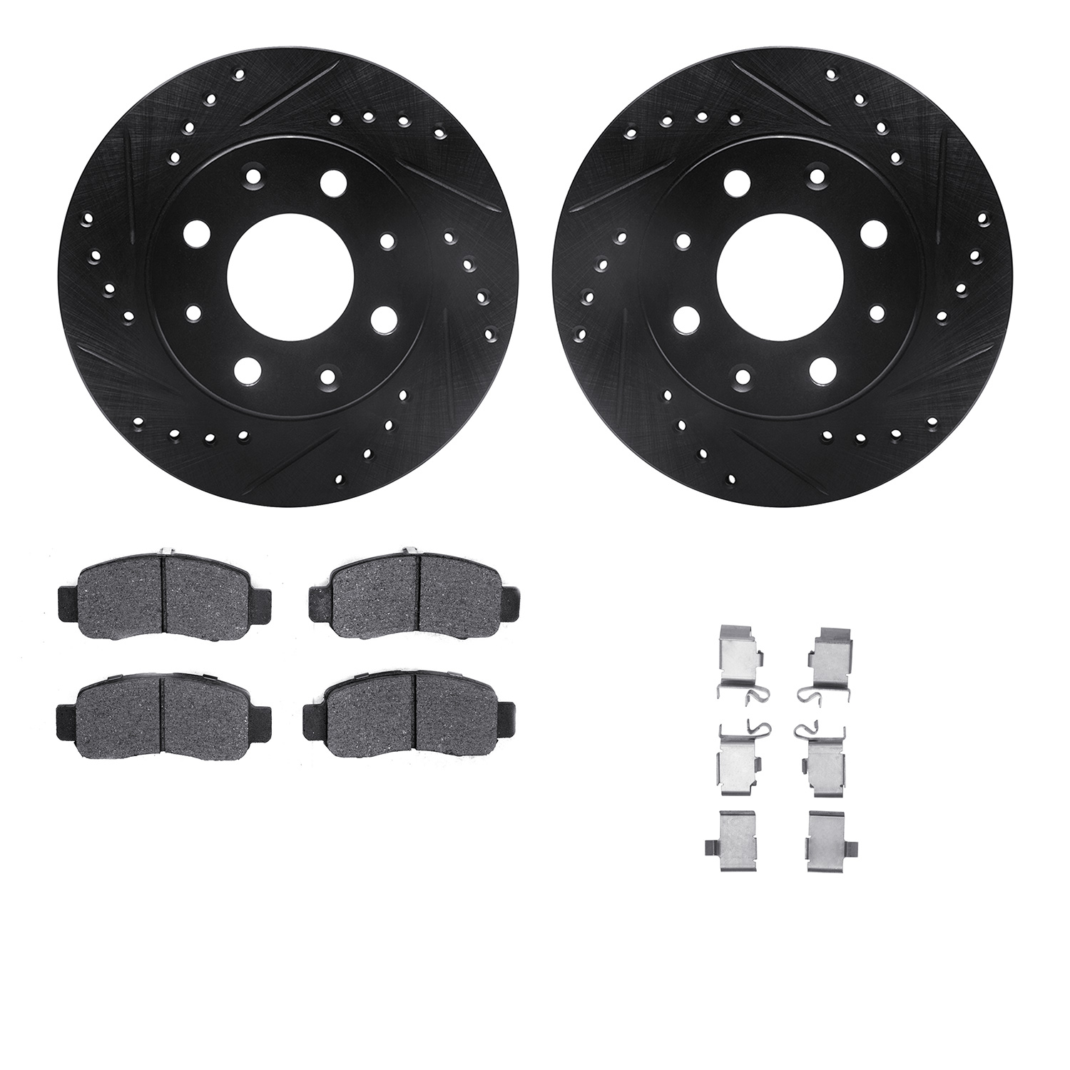 8312-59061 Drilled/Slotted Brake Rotors with 3000-Series Ceramic Brake Pads Kit & Hardware [Black], 2000-2006 Acura/Honda, Posit