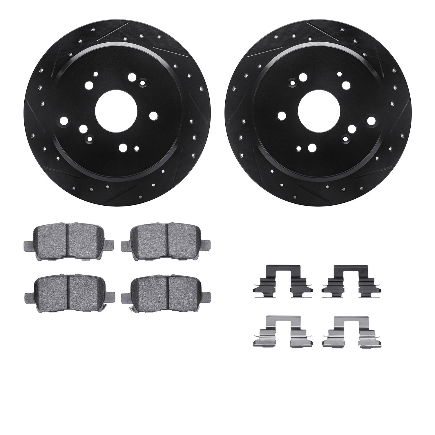 8312-59063 Drilled/Slotted Brake Rotors with 3000-Series Ceramic Brake Pads Kit & Hardware [Black], 2002-2004 Acura/Honda, Posit