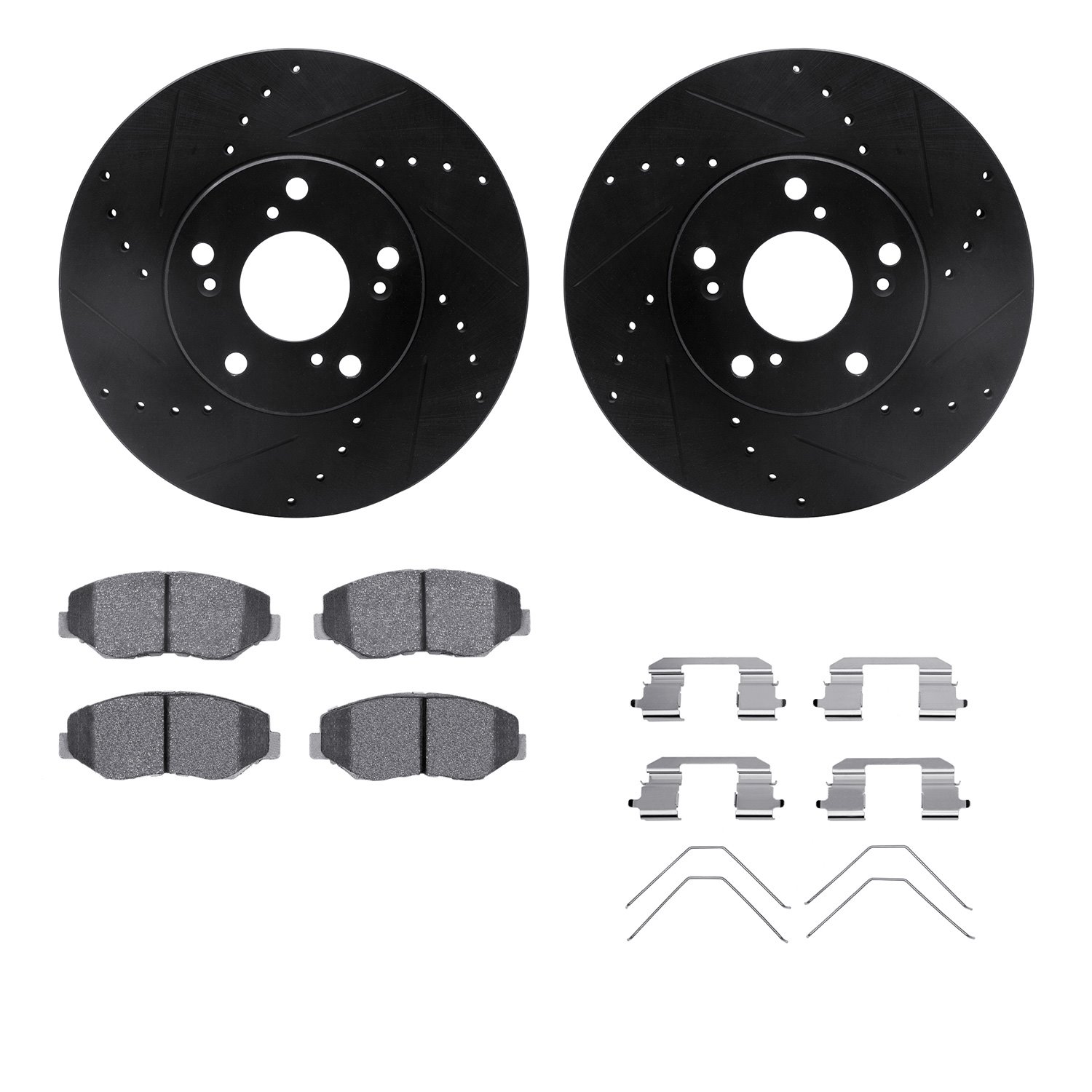 8312-59065 Drilled/Slotted Brake Rotors with 3000-Series Ceramic Brake Pads Kit & Hardware [Black], 2002-2015 Acura/Honda, Posit