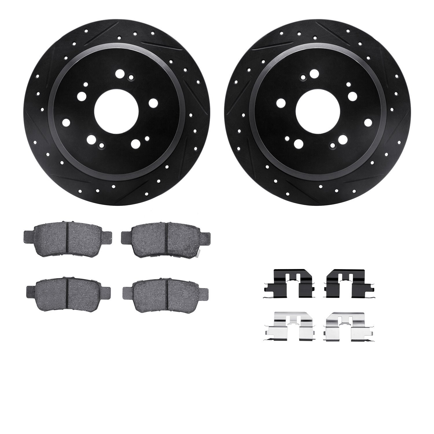 8312-59077 Drilled/Slotted Brake Rotors with 3000-Series Ceramic Brake Pads Kit & Hardware [Black], 2005-2010 Acura/Honda, Posit
