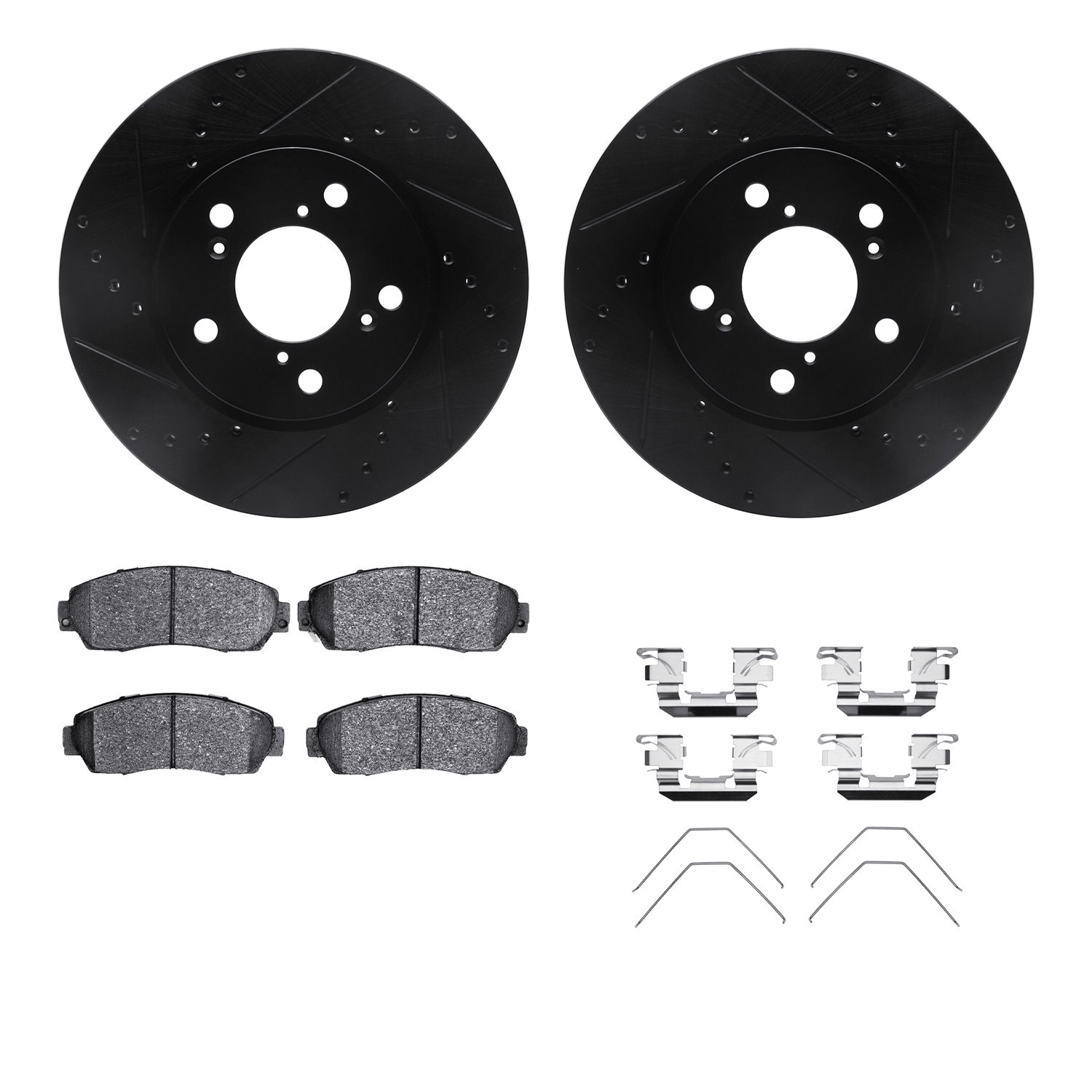 8312-59084 Drilled/Slotted Brake Rotors with 3000-Series Ceramic Brake Pads Kit & Hardware [Black], 2005-2010 Acura/Honda, Posit
