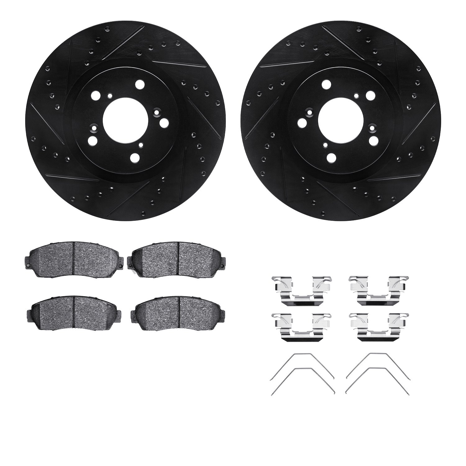 8312-59086 Drilled/Slotted Brake Rotors with 3000-Series Ceramic Brake Pads Kit & Hardware [Black], 2011-2014 Acura/Honda, Posit