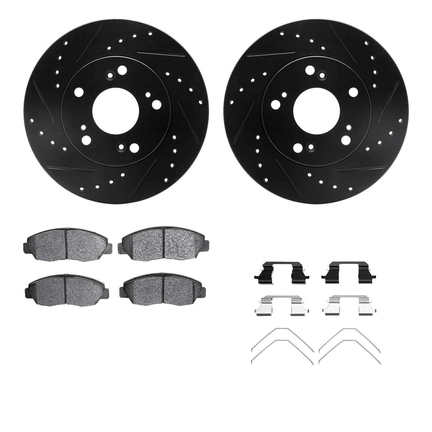 8312-59090 Drilled/Slotted Brake Rotors with 3000-Series Ceramic Brake Pads Kit & Hardware [Black], 2006-2011 Acura/Honda, Posit