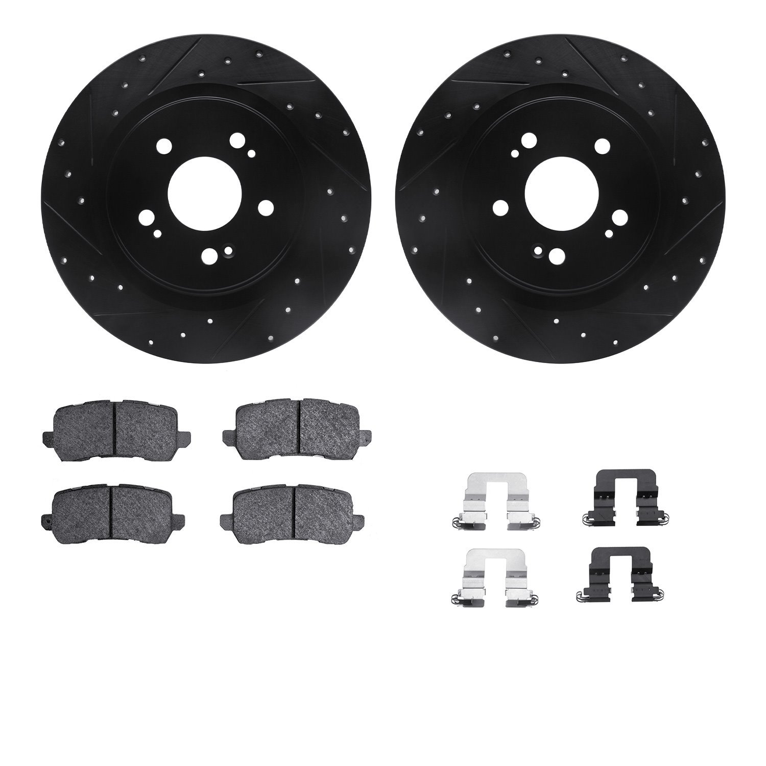 8312-59099 Drilled/Slotted Brake Rotors with 3000-Series Ceramic Brake Pads Kit & Hardware [Black], Fits Select Acura/Honda, Pos