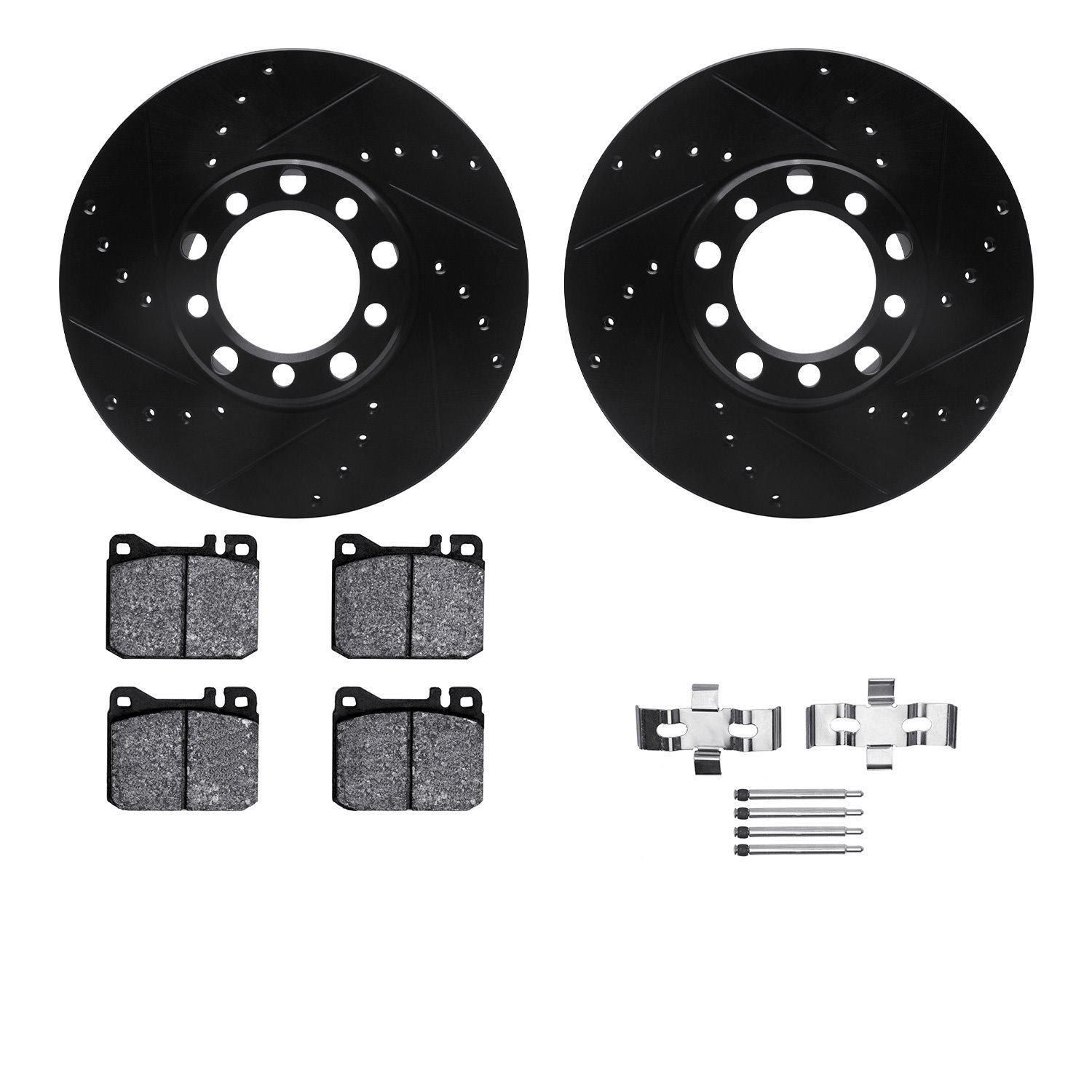 8312-63016 Drilled/Slotted Brake Rotors with 3000-Series Ceramic Brake Pads Kit & Hardware [Black], 1972-1979 Mercedes-Benz, Pos