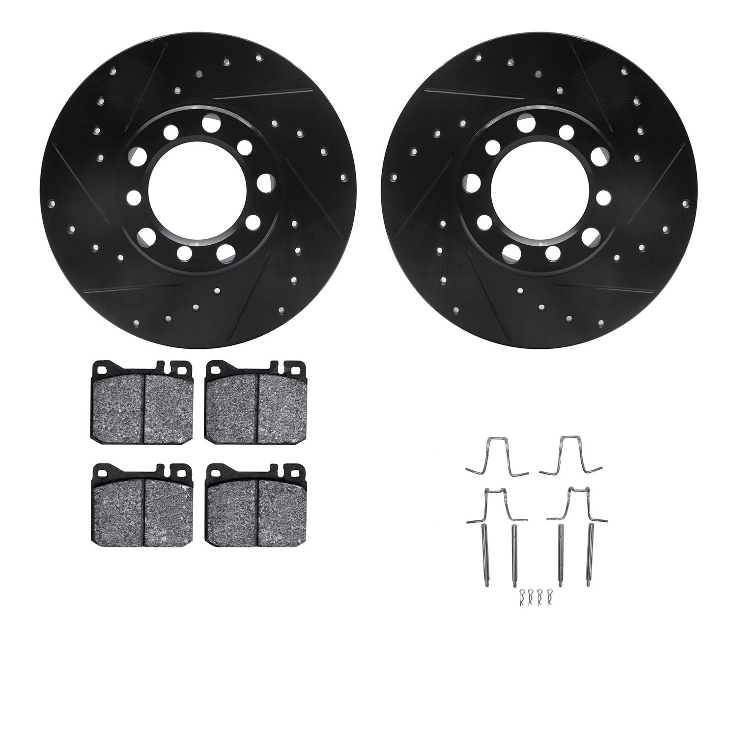 8312-63019 Drilled/Slotted Brake Rotors with 3000-Series Ceramic Brake Pads Kit & Hardware [Black], 1976-1979 Mercedes-Benz, Pos