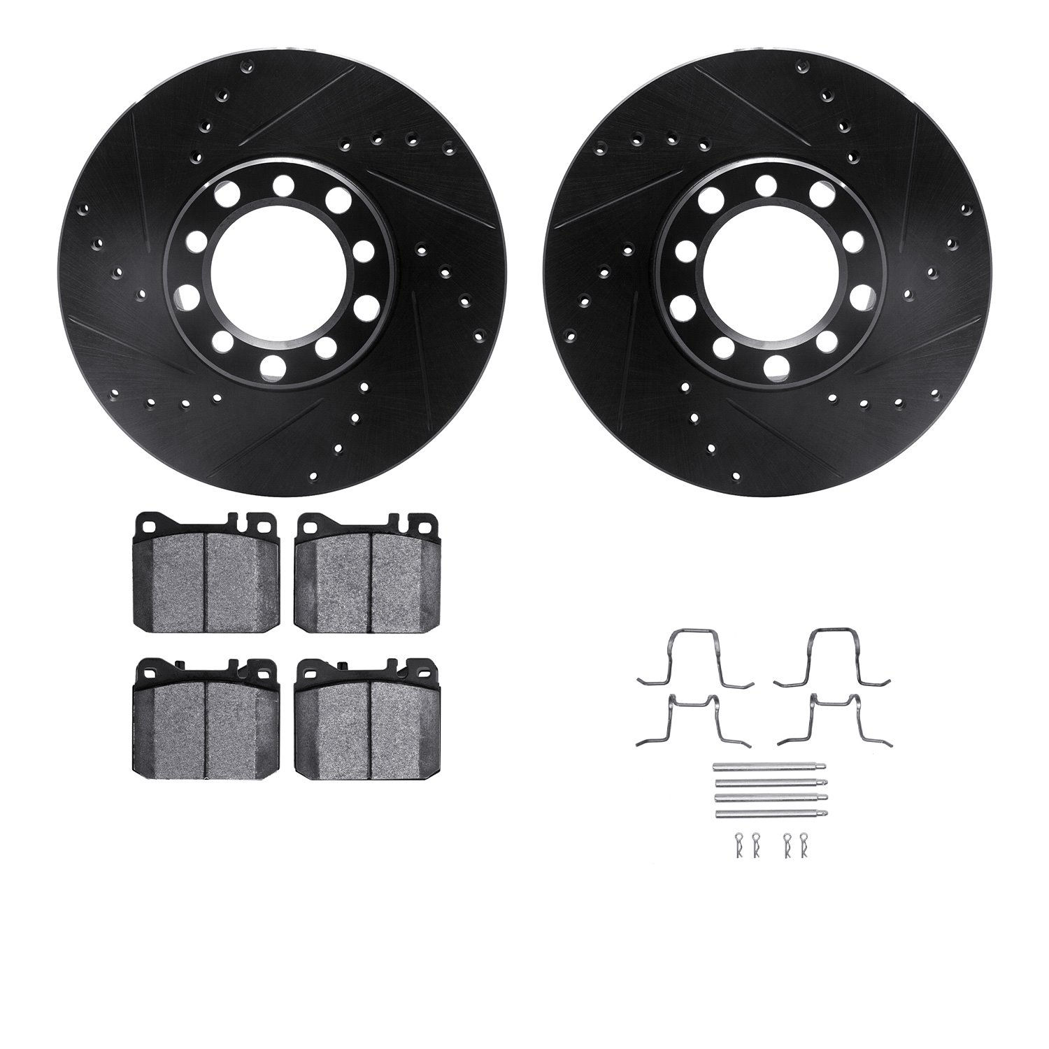 8312-63025 Drilled/Slotted Brake Rotors with 3000-Series Ceramic Brake Pads Kit & Hardware [Black], 1979-1985 Mercedes-Benz, Pos