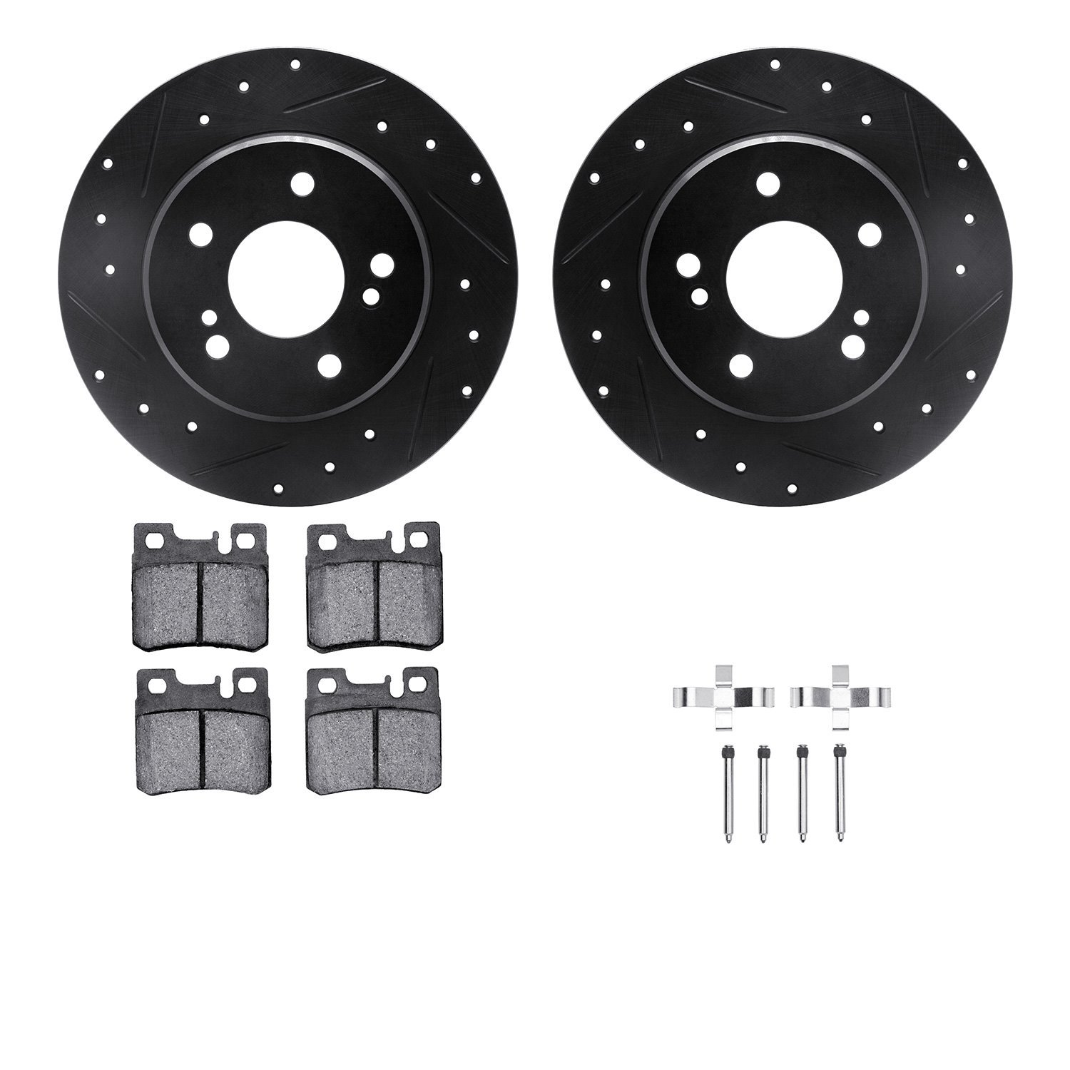 8312-63039 Drilled/Slotted Brake Rotors with 3000-Series Ceramic Brake Pads Kit & Hardware [Black], 1987-2000 Mercedes-Benz, Pos