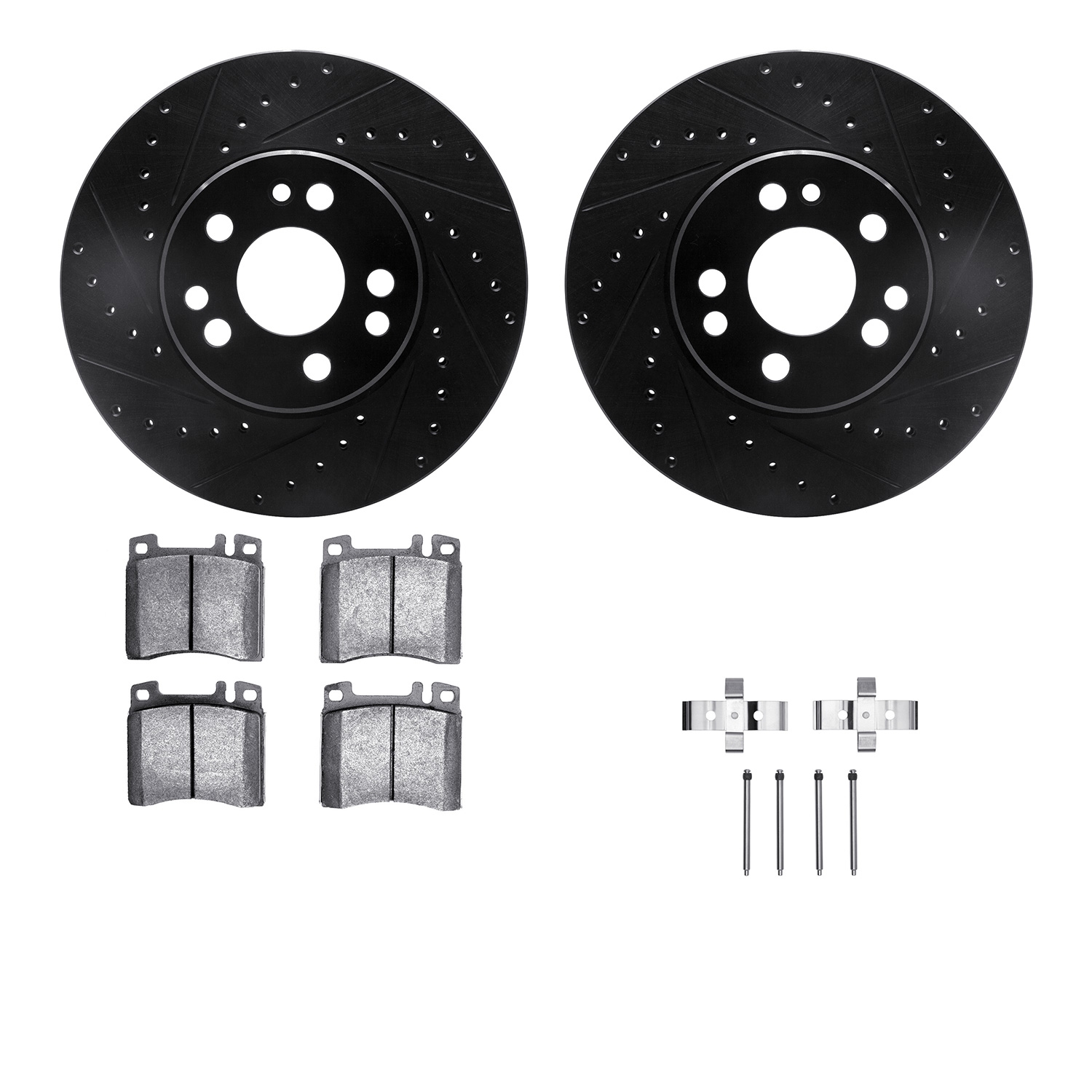 8312-63048 Drilled/Slotted Brake Rotors with 3000-Series Ceramic Brake Pads Kit & Hardware [Black], 1991-1999 Mercedes-Benz, Pos
