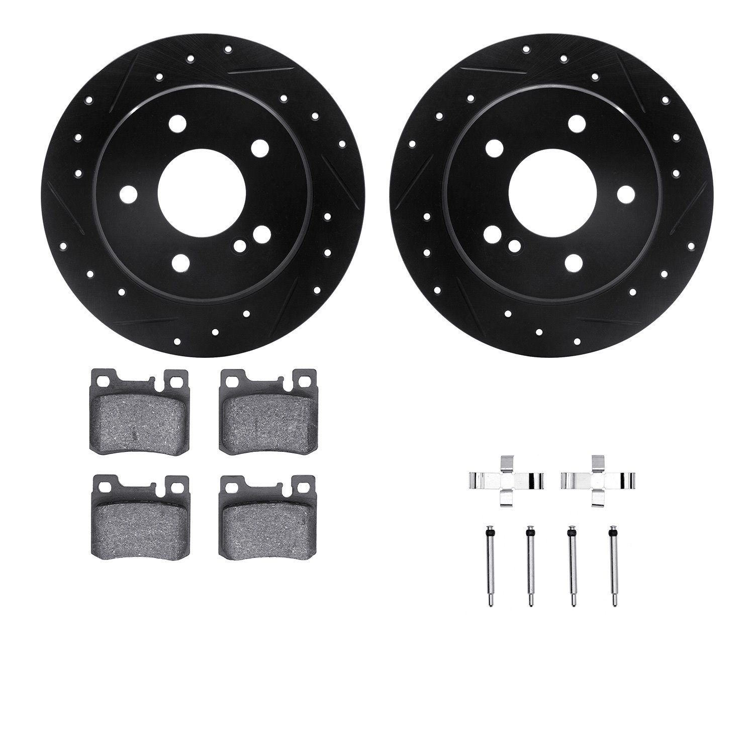 8312-63058 Drilled/Slotted Brake Rotors with 3000-Series Ceramic Brake Pads Kit & Hardware [Black], 1994-1995 Mercedes-Benz, Pos