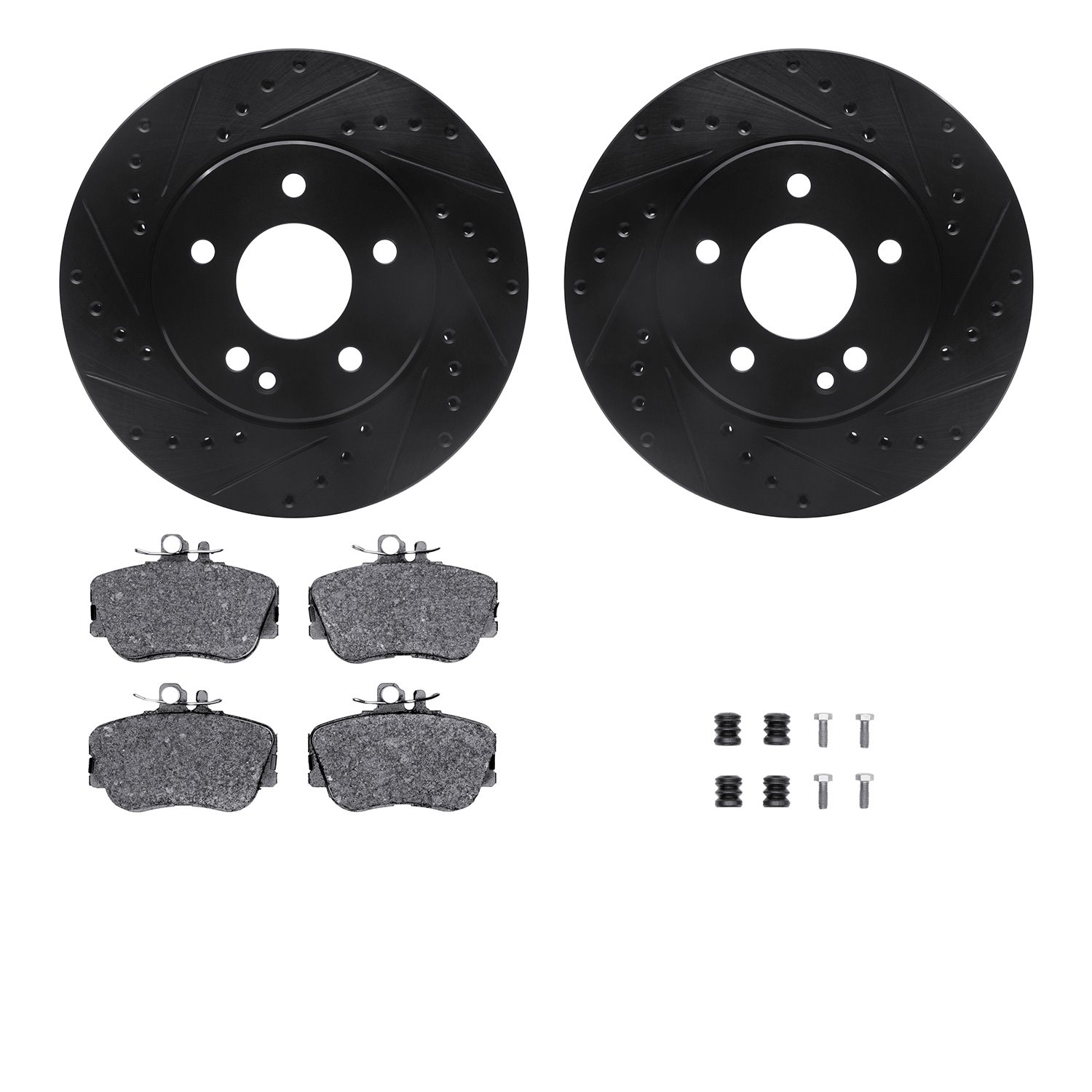 8312-63059 Drilled/Slotted Brake Rotors with 3000-Series Ceramic Brake Pads Kit & Hardware [Black], 1994-1997 Mercedes-Benz, Pos