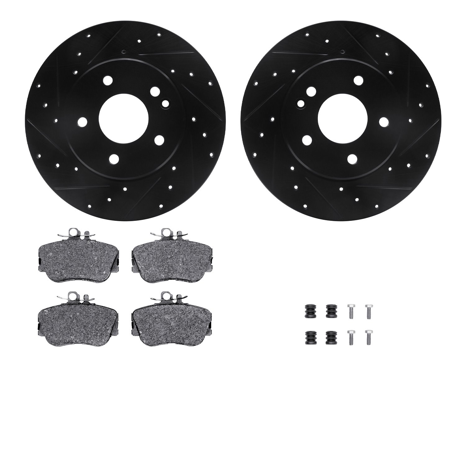 8312-63060 Drilled/Slotted Brake Rotors with 3000-Series Ceramic Brake Pads Kit & Hardware [Black], 1997-1998 Mercedes-Benz, Pos