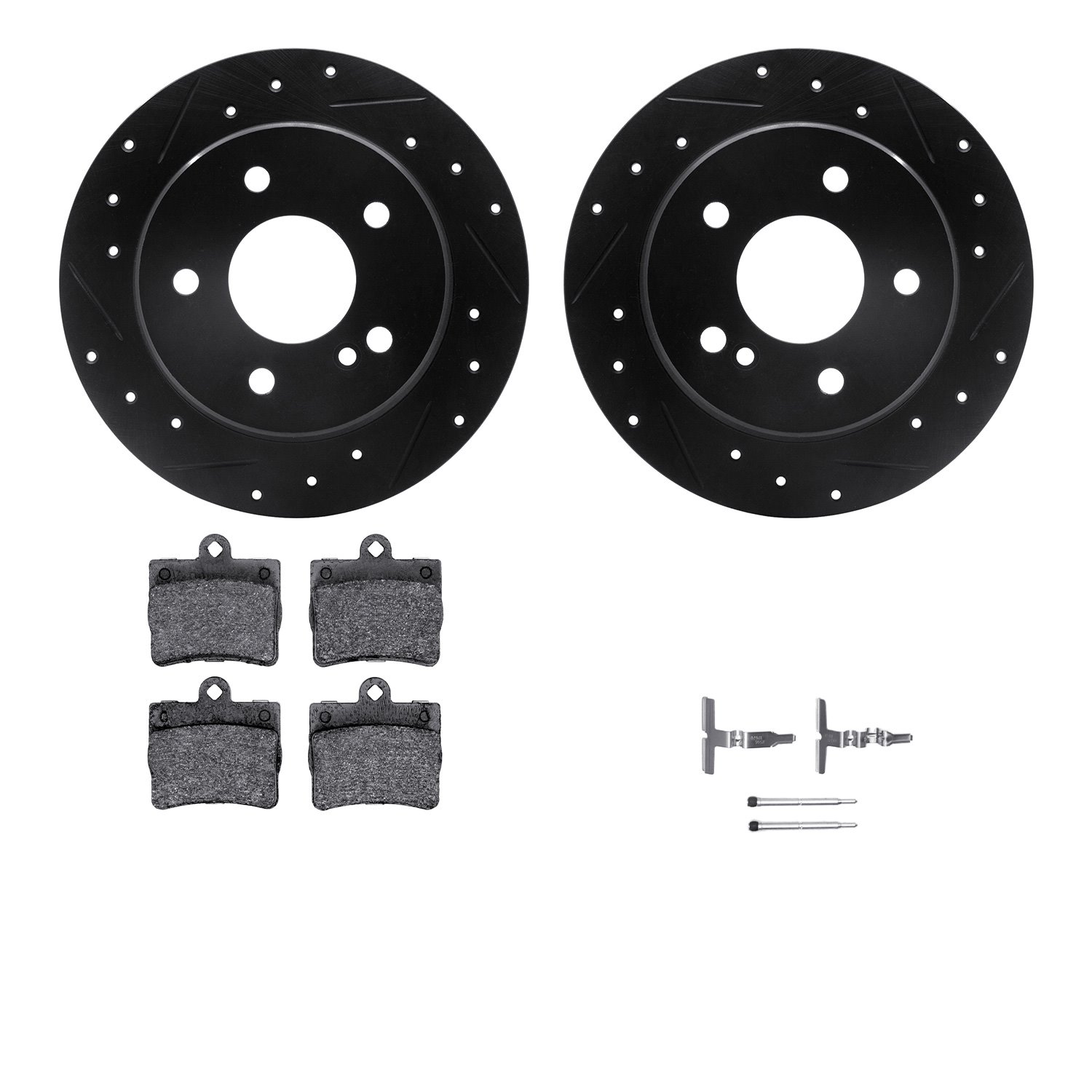 8312-63065 Drilled/Slotted Brake Rotors with 3000-Series Ceramic Brake Pads Kit & Hardware [Black], 1994-1998 Mercedes-Benz, Pos