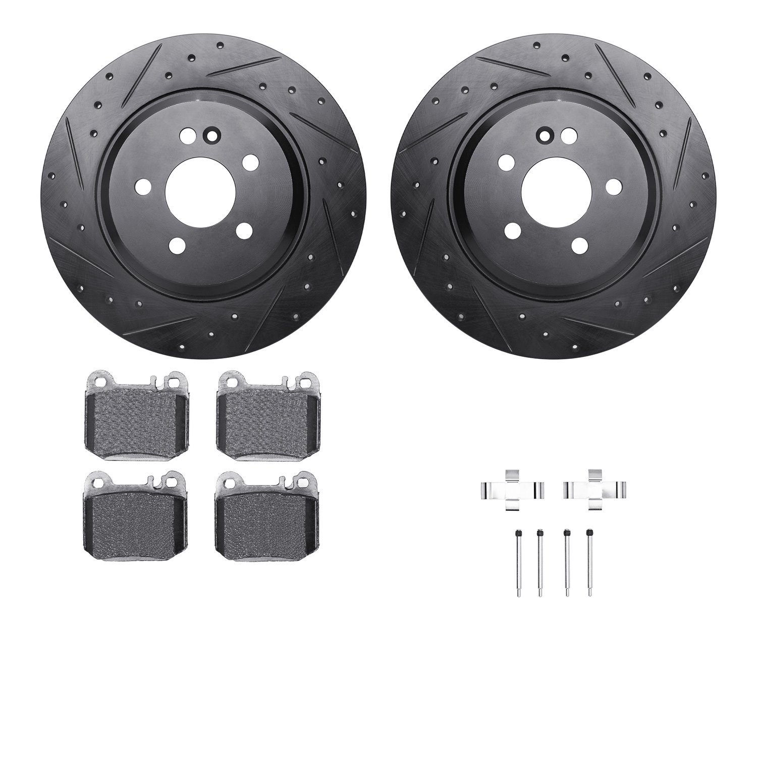 8312-63083 Drilled/Slotted Brake Rotors with 3000-Series Ceramic Brake Pads Kit & Hardware [Black], 2000-2005 Mercedes-Benz, Pos