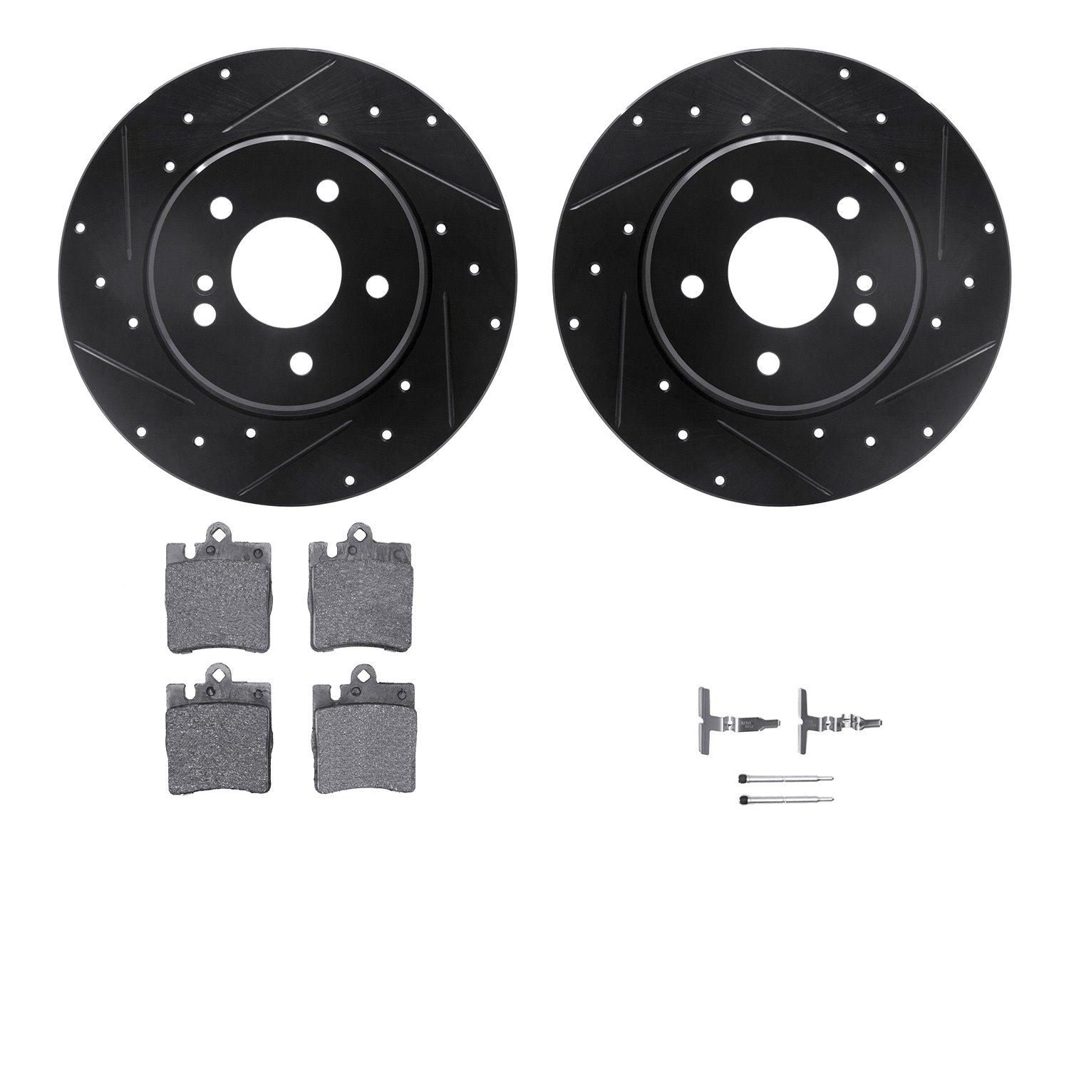 8312-63085 Drilled/Slotted Brake Rotors with 3000-Series Ceramic Brake Pads Kit & Hardware [Black], 1996-2011 Mercedes-Benz, Pos