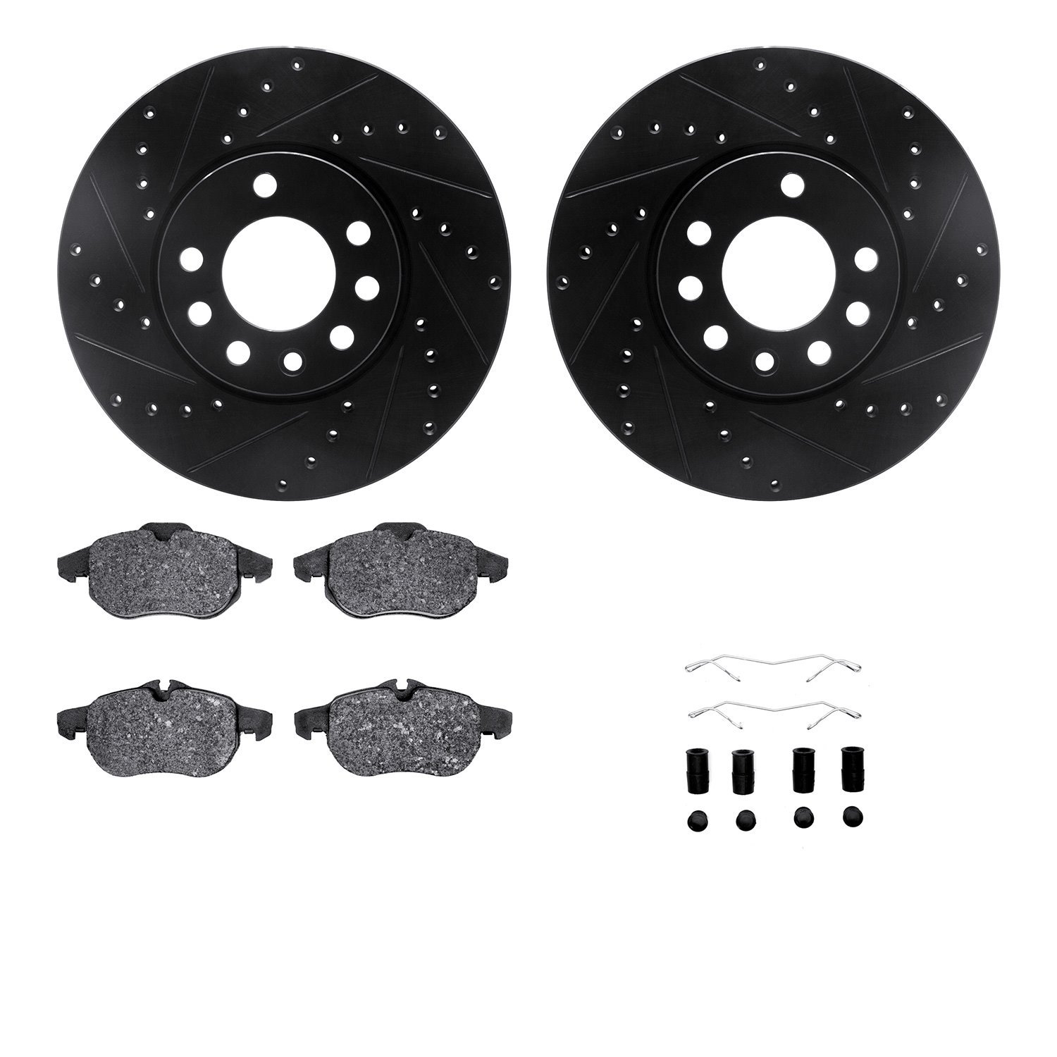 8312-65018 Drilled/Slotted Brake Rotors with 3000-Series Ceramic Brake Pads Kit & Hardware [Black], 2006-2011 GM, Position: Fron