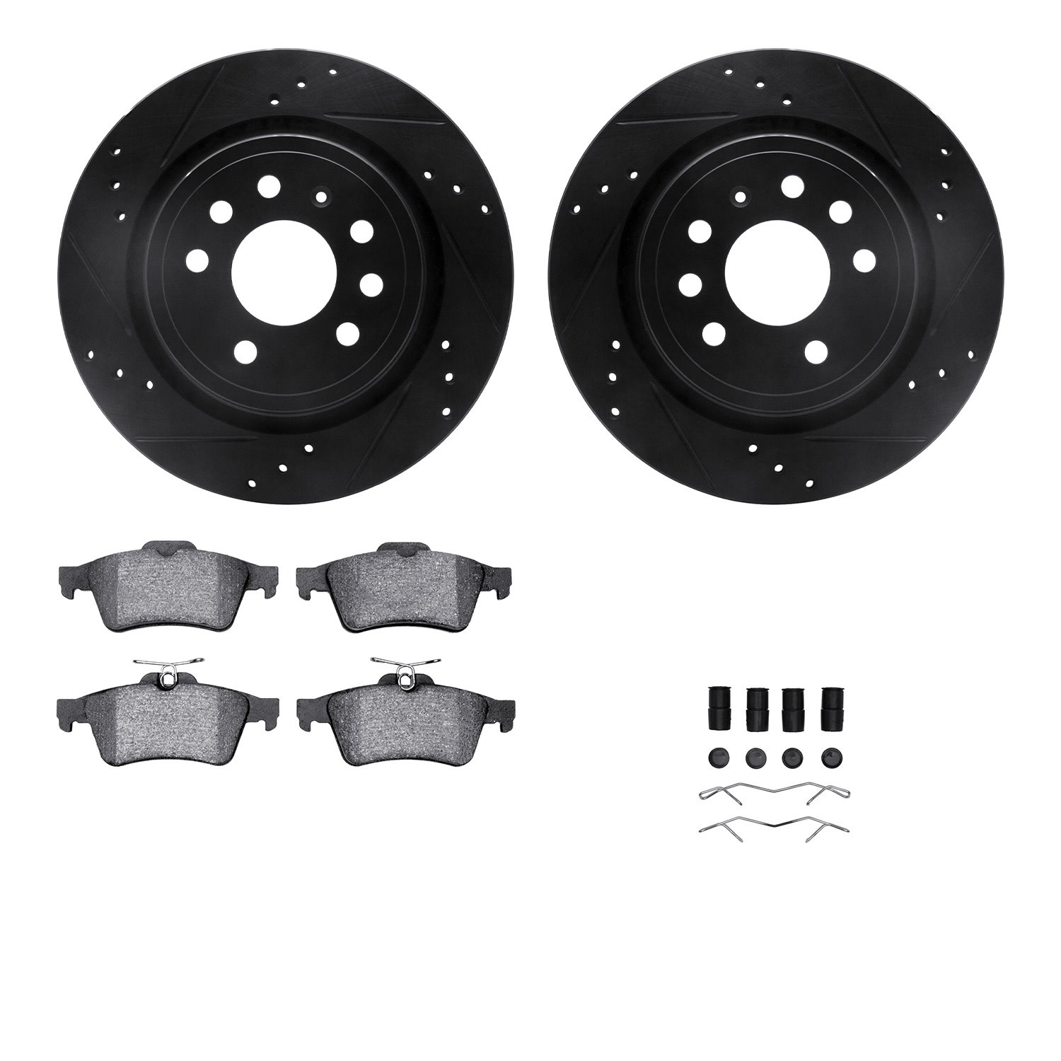 8312-65021 Drilled/Slotted Brake Rotors with 3000-Series Ceramic Brake Pads Kit & Hardware [Black], 2003-2011 GM, Position: Rear