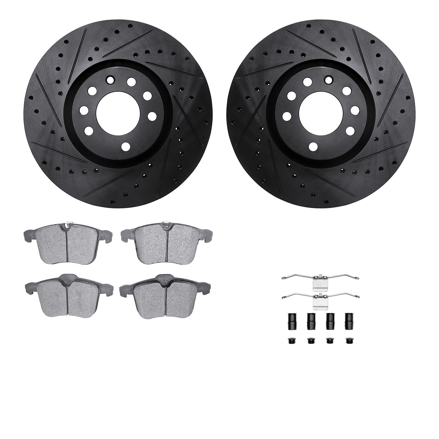 8312-65023 Drilled/Slotted Brake Rotors with 3000-Series Ceramic Brake Pads Kit & Hardware [Black], 2003-2011 GM, Position: Fron