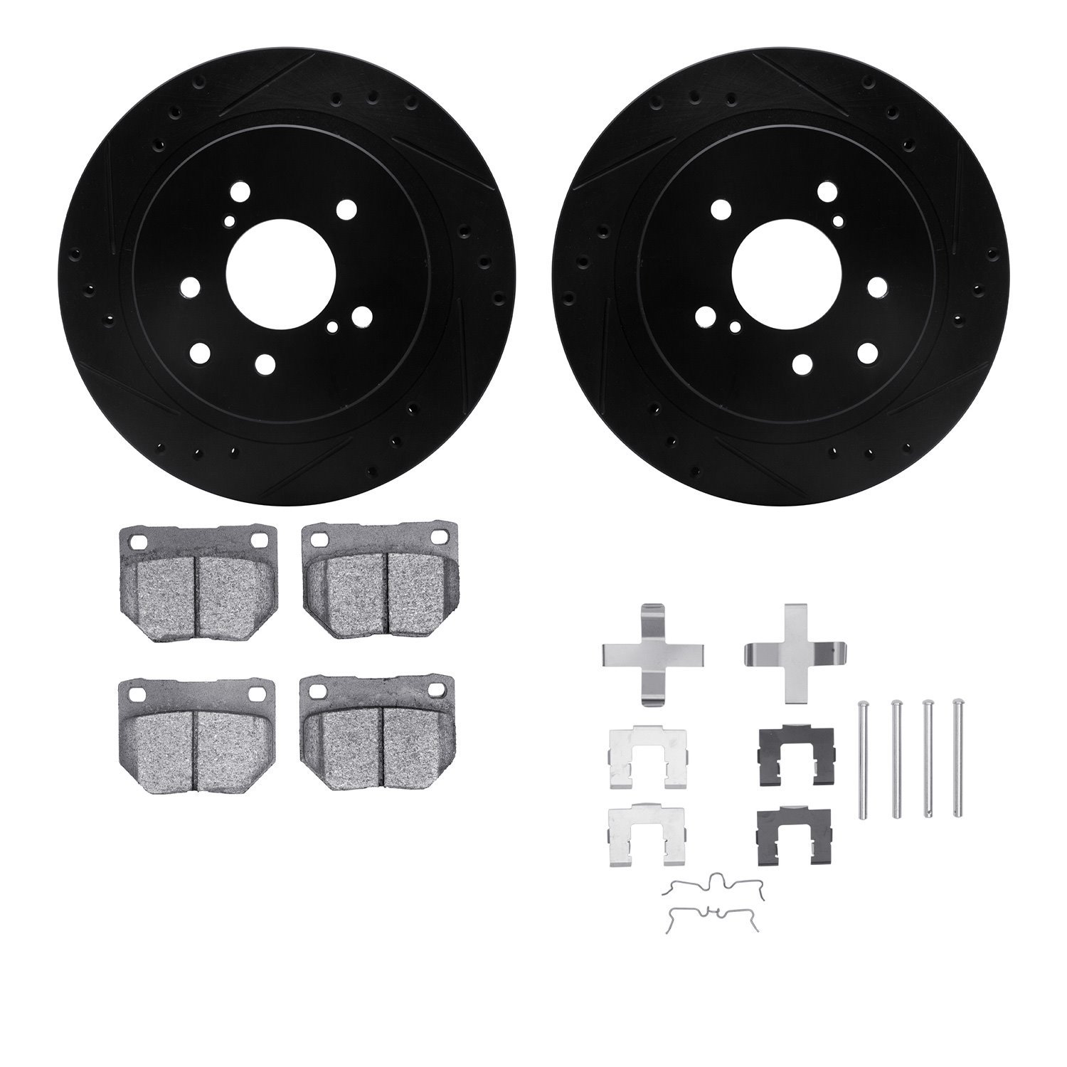 8312-67058 Drilled/Slotted Brake Rotors with 3000-Series Ceramic Brake Pads Kit & Hardware [Black], 1989-1996 Infiniti/Nissan, P