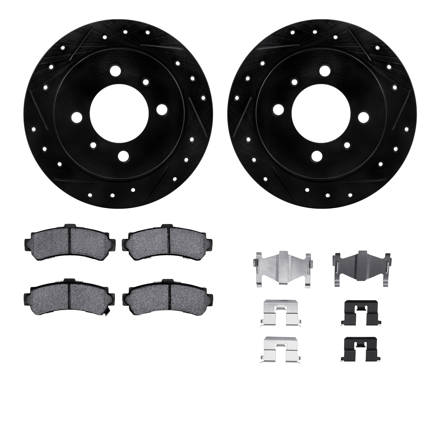 8312-67076 Drilled/Slotted Brake Rotors with 3000-Series Ceramic Brake Pads Kit & Hardware [Black], 1995-2000 Infiniti/Nissan, P
