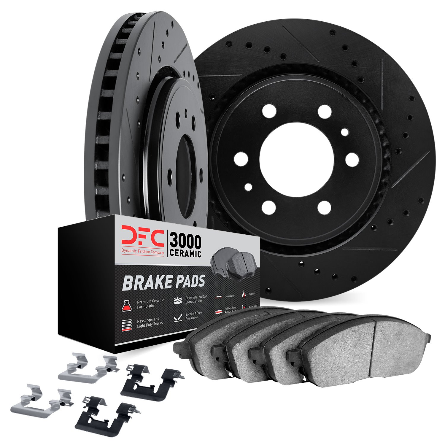 8312-67077 Drilled/Slotted Brake Rotors with 3000-Series Ceramic Brake Pads Kit & Hardware [Black], 1996-1998 Infiniti/Nissan, P