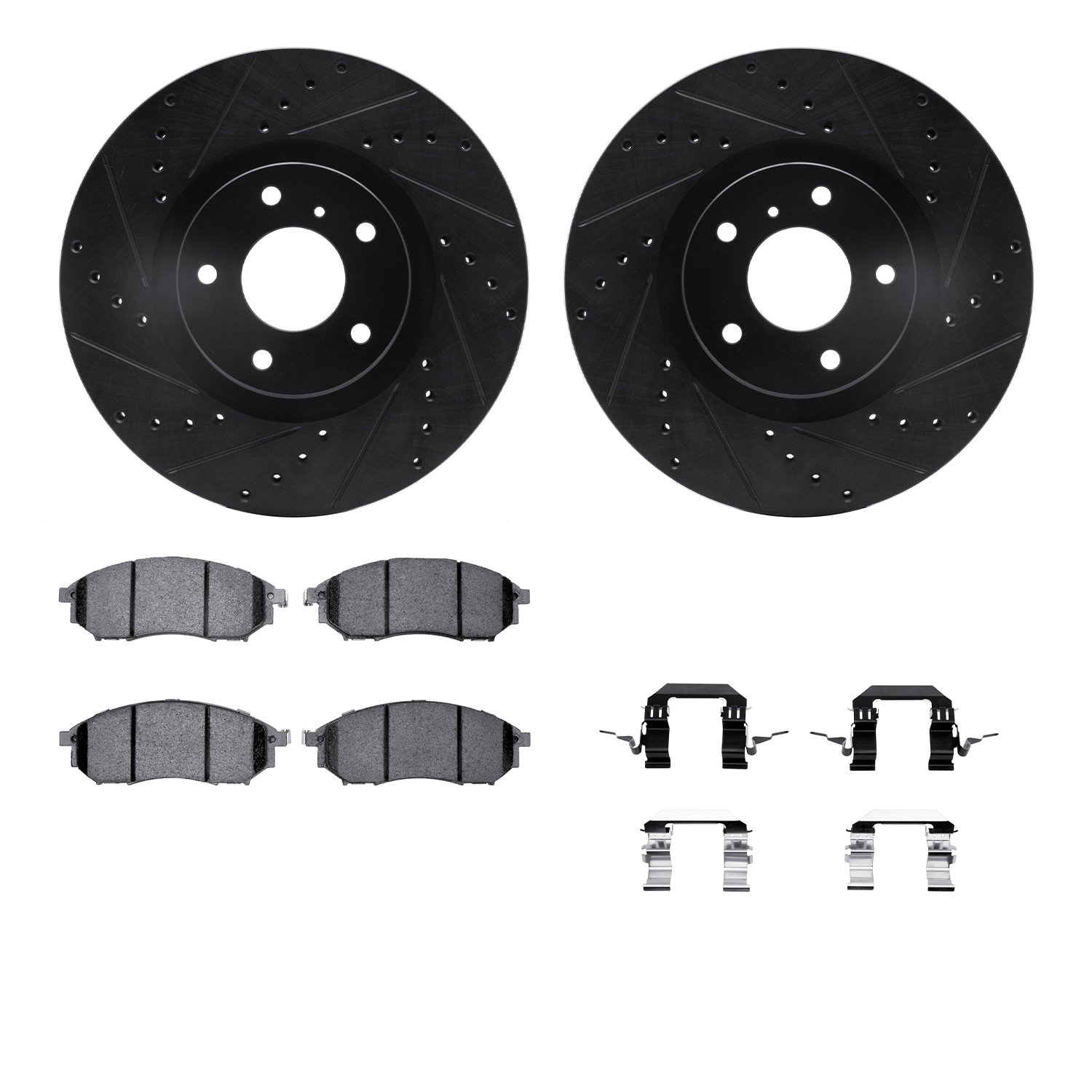 8312-67091 Drilled/Slotted Brake Rotors with 3000-Series Ceramic Brake Pads Kit & Hardware [Black], 2005-2020 Infiniti/Nissan, P